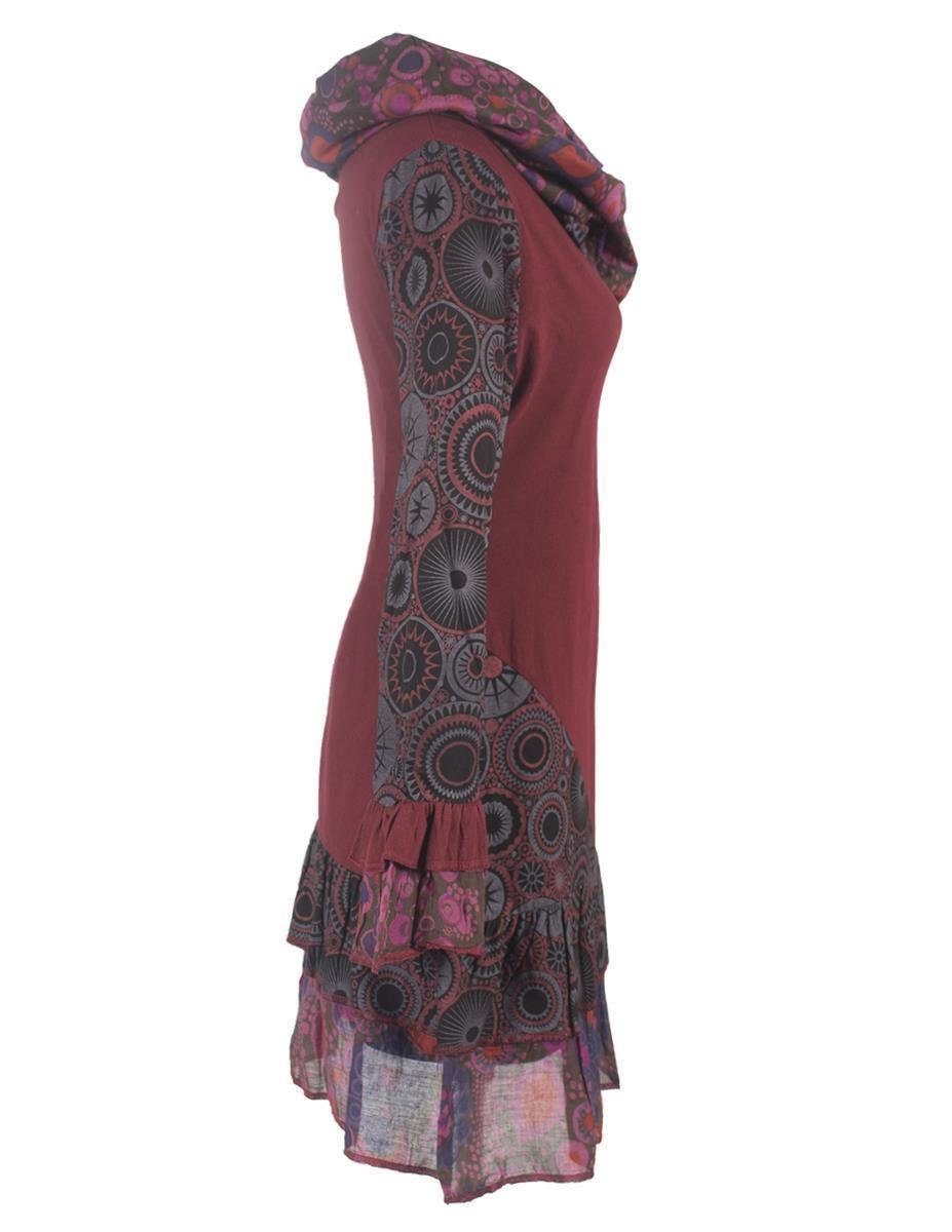 Vishes Midikleid Langarm Mandala Rüschen-Kleid mit Kapuzenschal Elfen, Boho, Goa Hippie Style