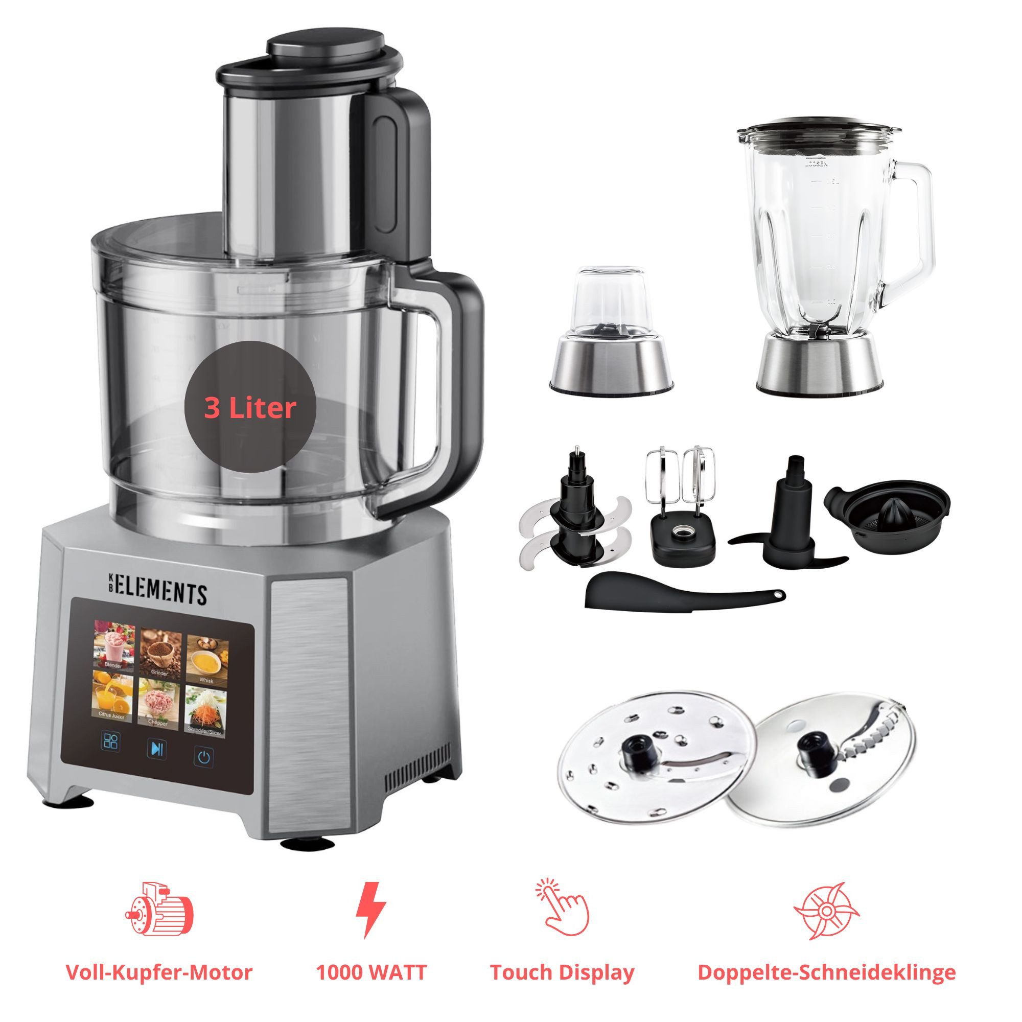 KB Elements Küchenmaschine, 1000 W, Toutch Display, 3 Liter Behälter, Voll Kupfer Motor
