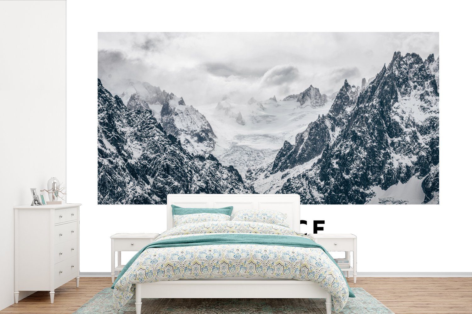 MuchoWow Fototapete Frankreich - Schnee - Berge, Matt, bedruckt, (6 St), Wallpaper für Wohnzimmer, Schlafzimmer, Kinderzimmer, Vinyl Tapete