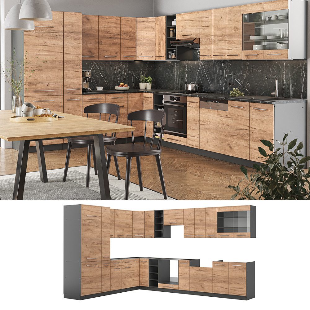 Vicco Winkelküche Fame-Line, Goldkraft Eiche/Anthrazit, 347 x 257 cm, AP Anthrazit