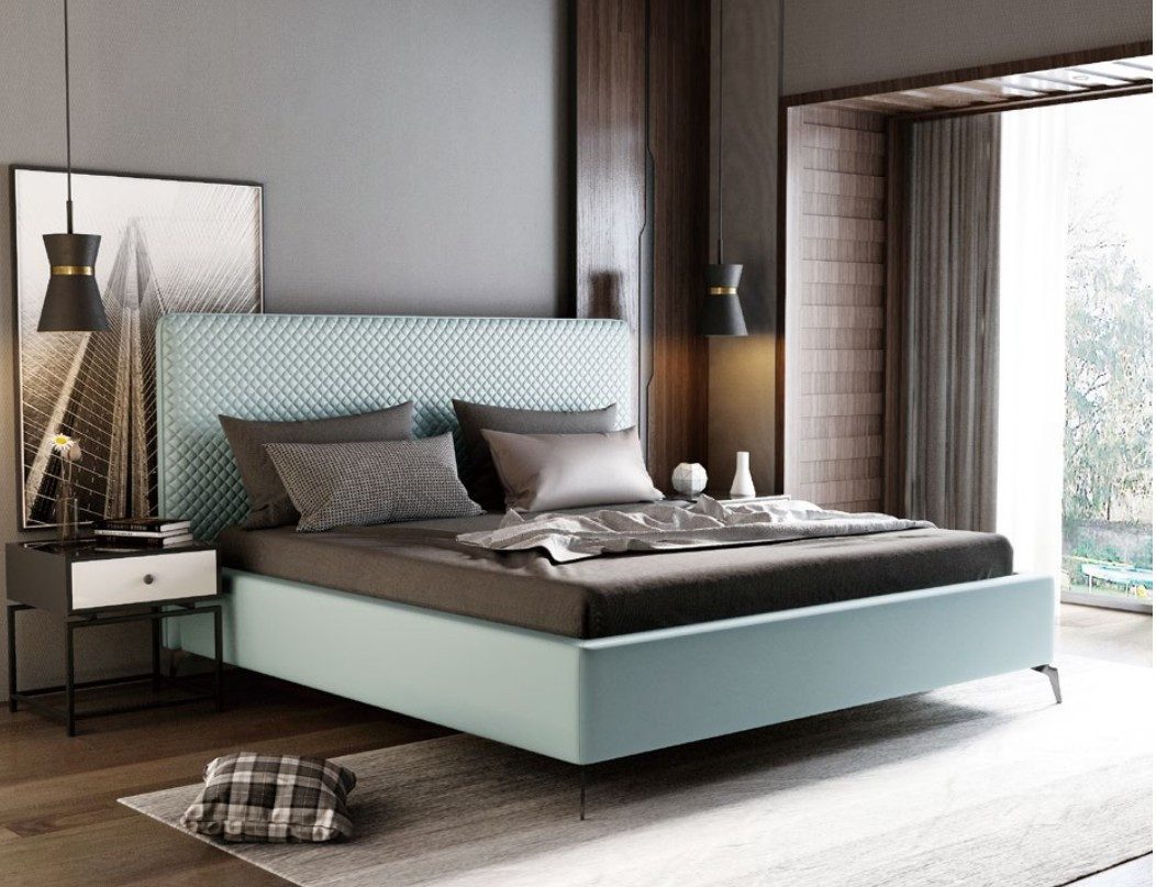 JVmoebel Polsterbett Luxuriöses Lederbett in Hellblau mit eleganten Edelstahlfüßen, Made in Europa