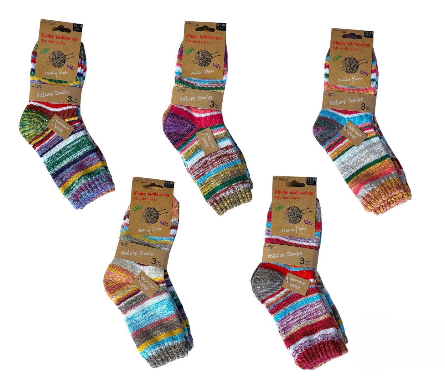 Antonio Basicsocken Kinder Wollsocken 3er Pack » 3 Paar bunt geringelte Strümpfe (Packung, 3-Paar, 3er Pack) » Kinderstrümpfe Nature Socks » Wintersocken für Kinder
