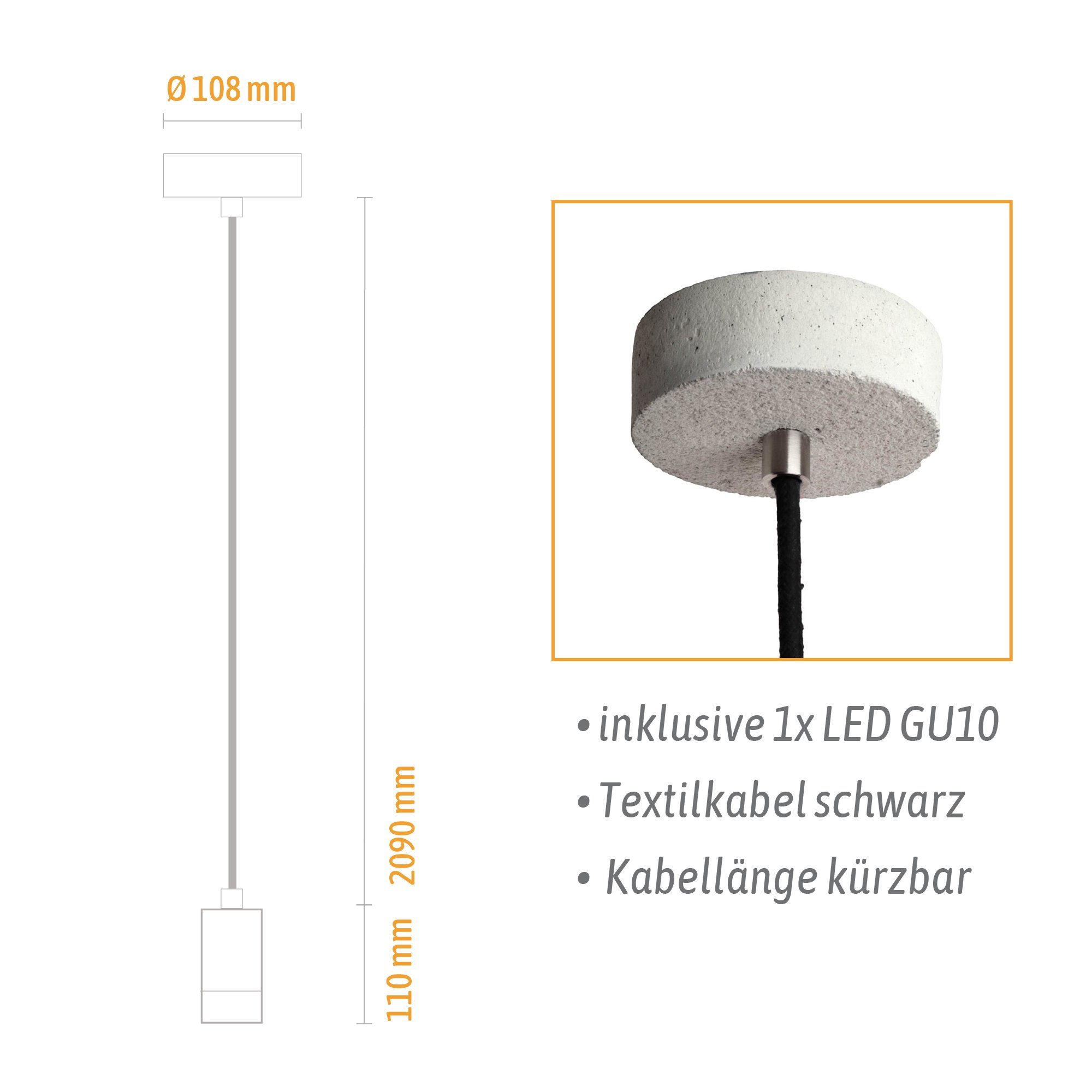 SSC-LUXon LED-Hängeleuchte PIA Pendelleuchte Beton mit GU10 RGB WiFi RGB natur Smart LED