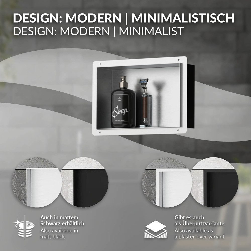 LuxeBath Duschwand Wandnische aus Edelstahl Flexibler Einbau für Badezimmer Randlos, Duschnische Silber 20x30x10cm Einzelregal Randlos Befliesbare Nische