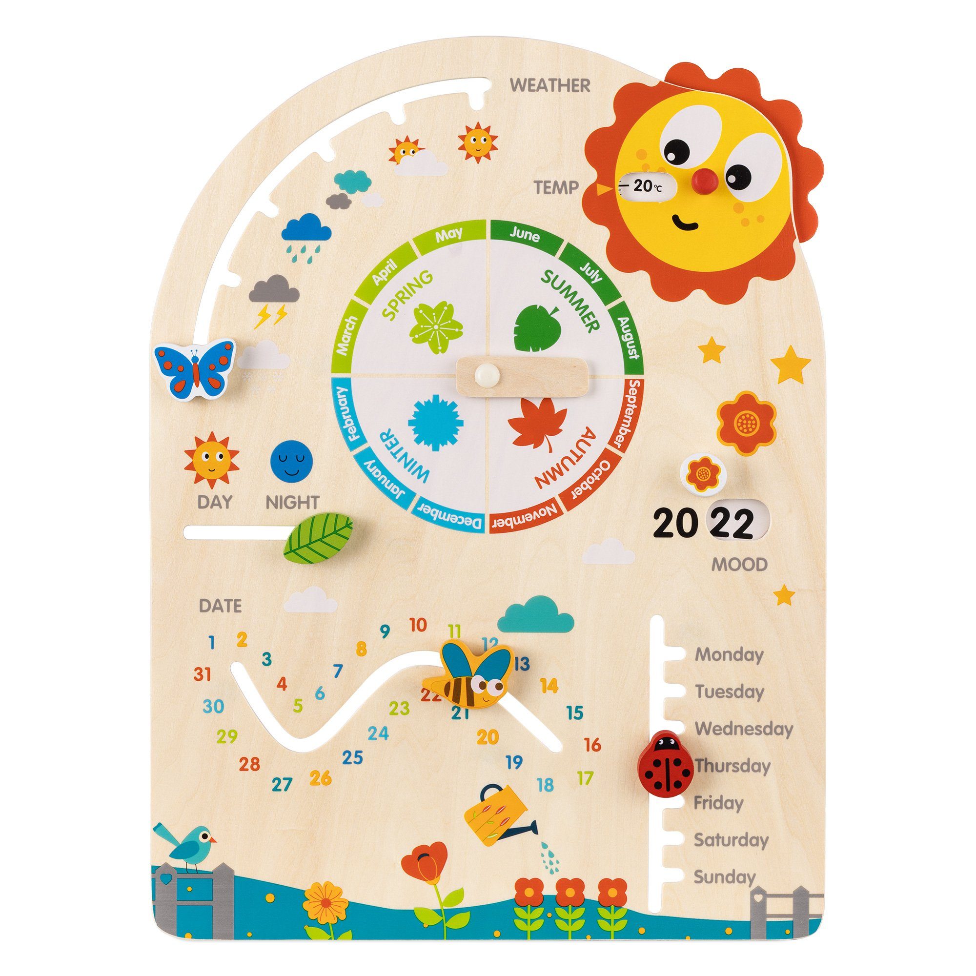 Navaris ewige Kalender Holz Kalender Tafel für Kinder - Jahresuhr - Englisch