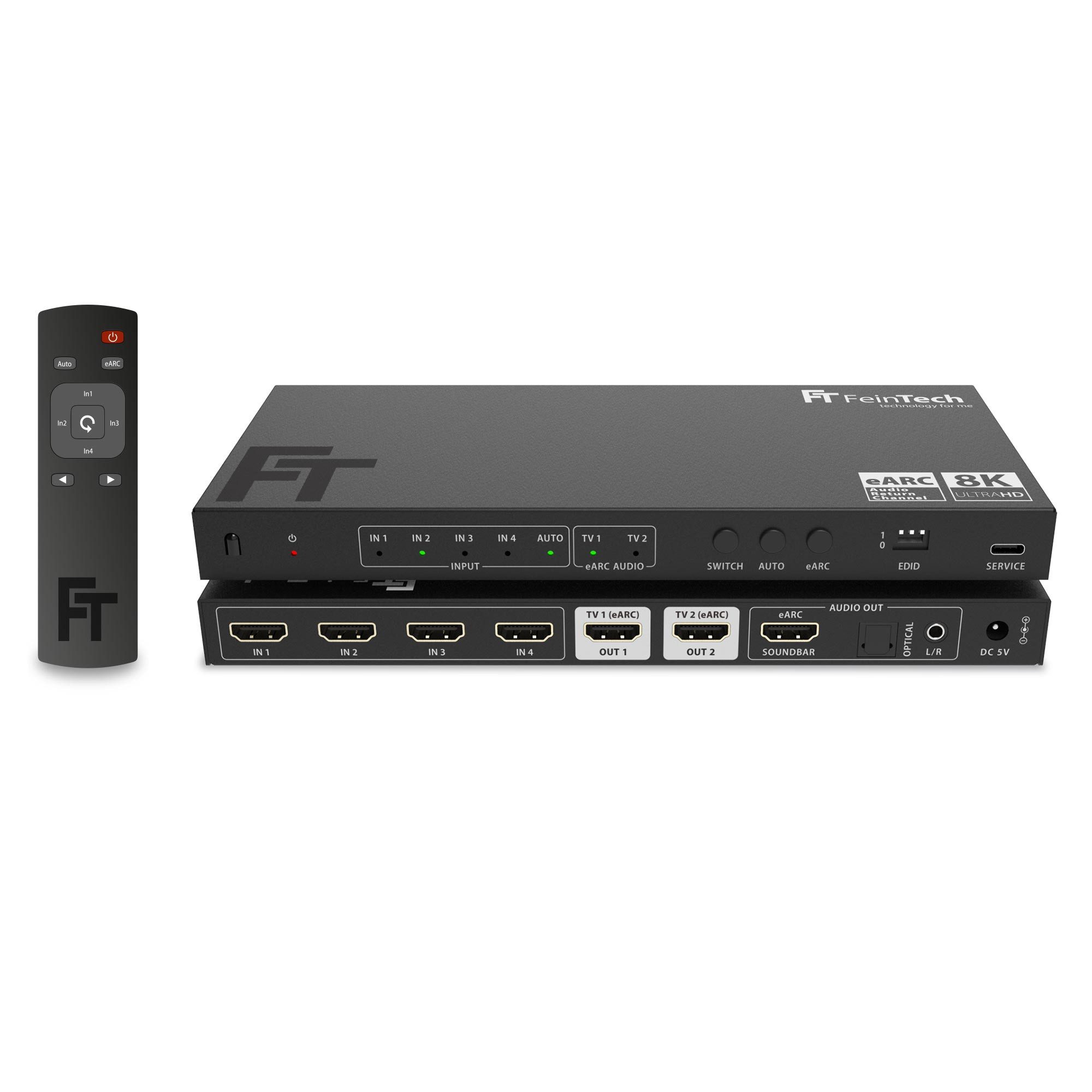 FeinTech HDMI-Splitter FeinTech AX341 HDMI 2.1 eARC Splitter Switch 4 In 2 Out + Soundbar, 4K 120Hz & 8K, Audio-Anschluss für eARC-Soundbar, Toslink, Aux