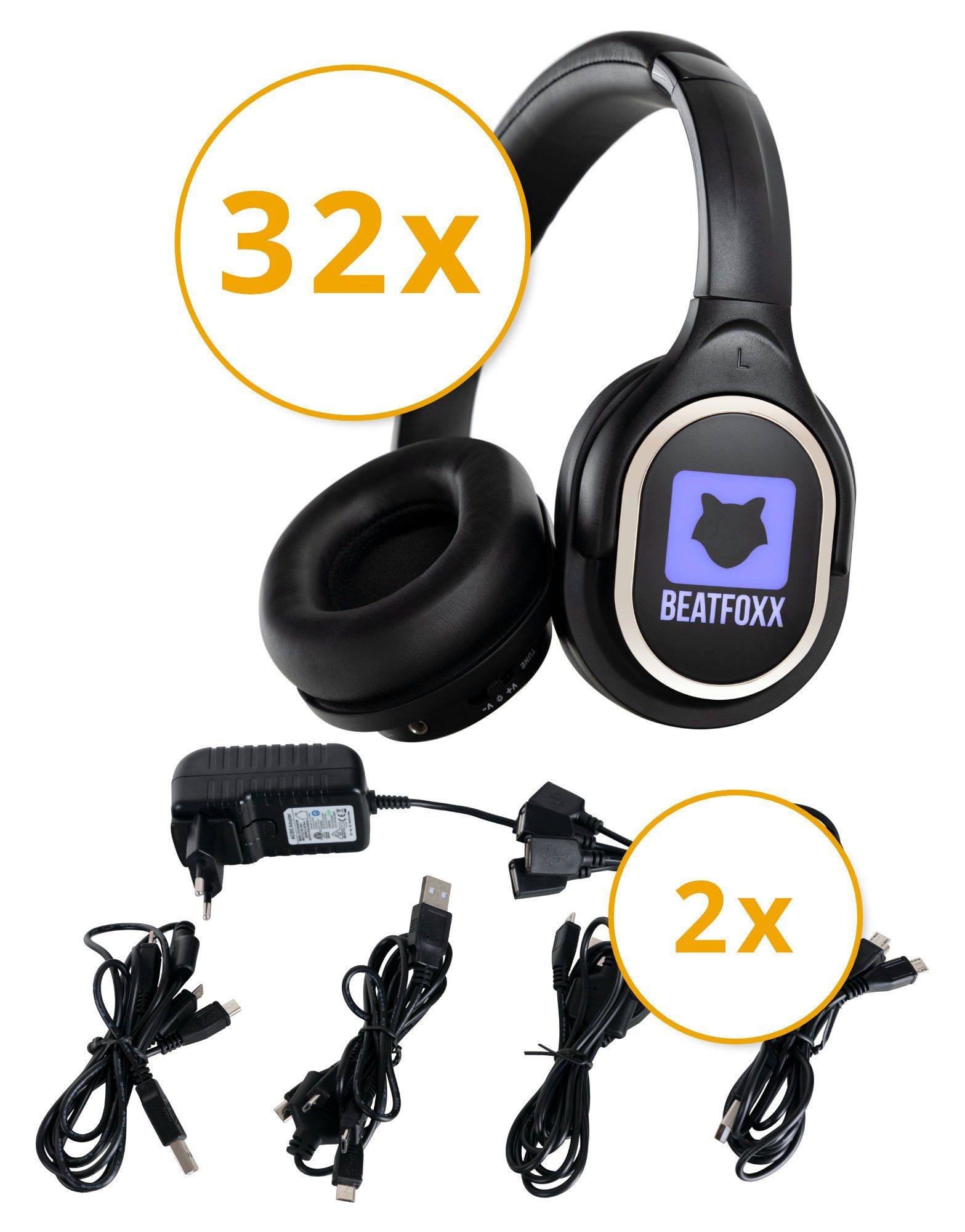 Beatfoxx SDH-340 Silent Disco V2 Set mit 32 Kopfhörern & 2 Ladegeräte Funk-Kopfhörer (Wireless Stereo Kopfhörer für Silent Disco-Anwendungen, UHF-Technik, 3 empfangbare Kanäle)