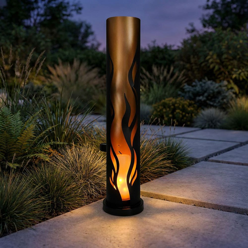 Harms Import LED Solarleuchte, LED-Leuchtmittel fest verbaut, LED Solarleuchte Stahl schwarz gold Feuer-Effekt Gelb IP44 Höhe 49cm