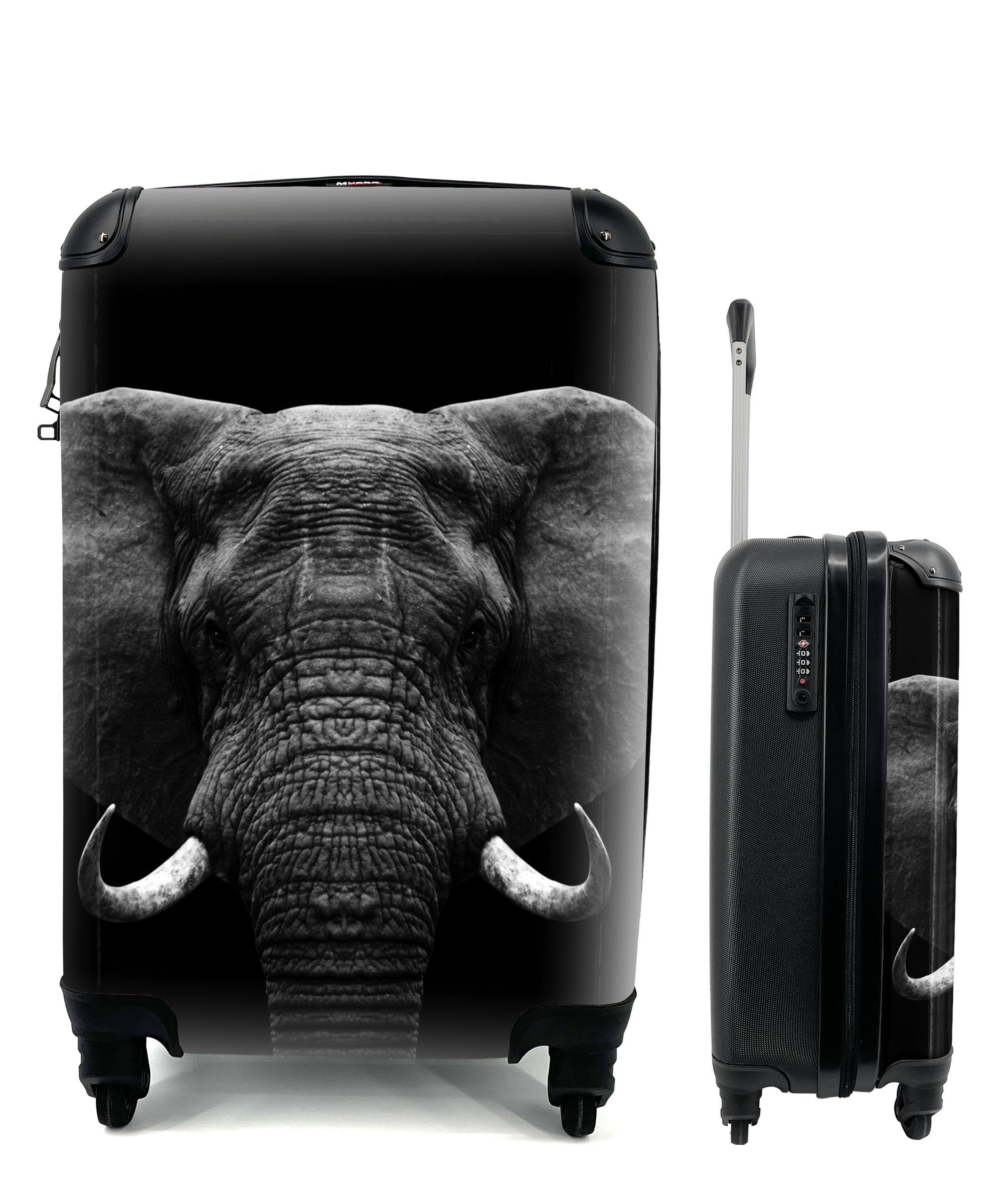 MuchoWow Handgepäckkoffer Tiere - Elefant - Porträt - Schwarz - Weiß, 4 Rollen, Reisetasche mit rollen, Handgepäck für Ferien, Trolley, Reisekoffer