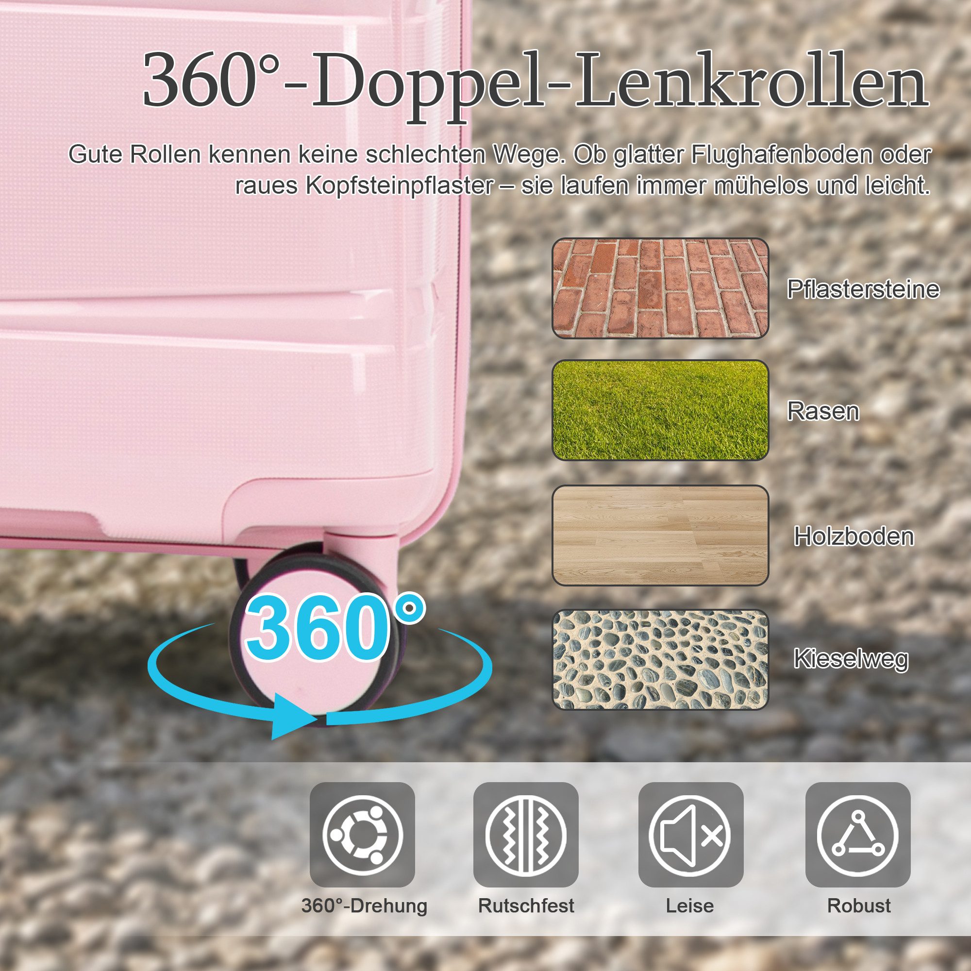 i@home Kofferset 20 Zoll Glänzender PP-Handgepäckkoffer, 360° Leichtlaufrollen, Rosa, 4 Rollen, (1 tlg., 1 Handgepäck), mit Eisen-Teleskopgriff, Leichter Reisek – Bild 3 von 5