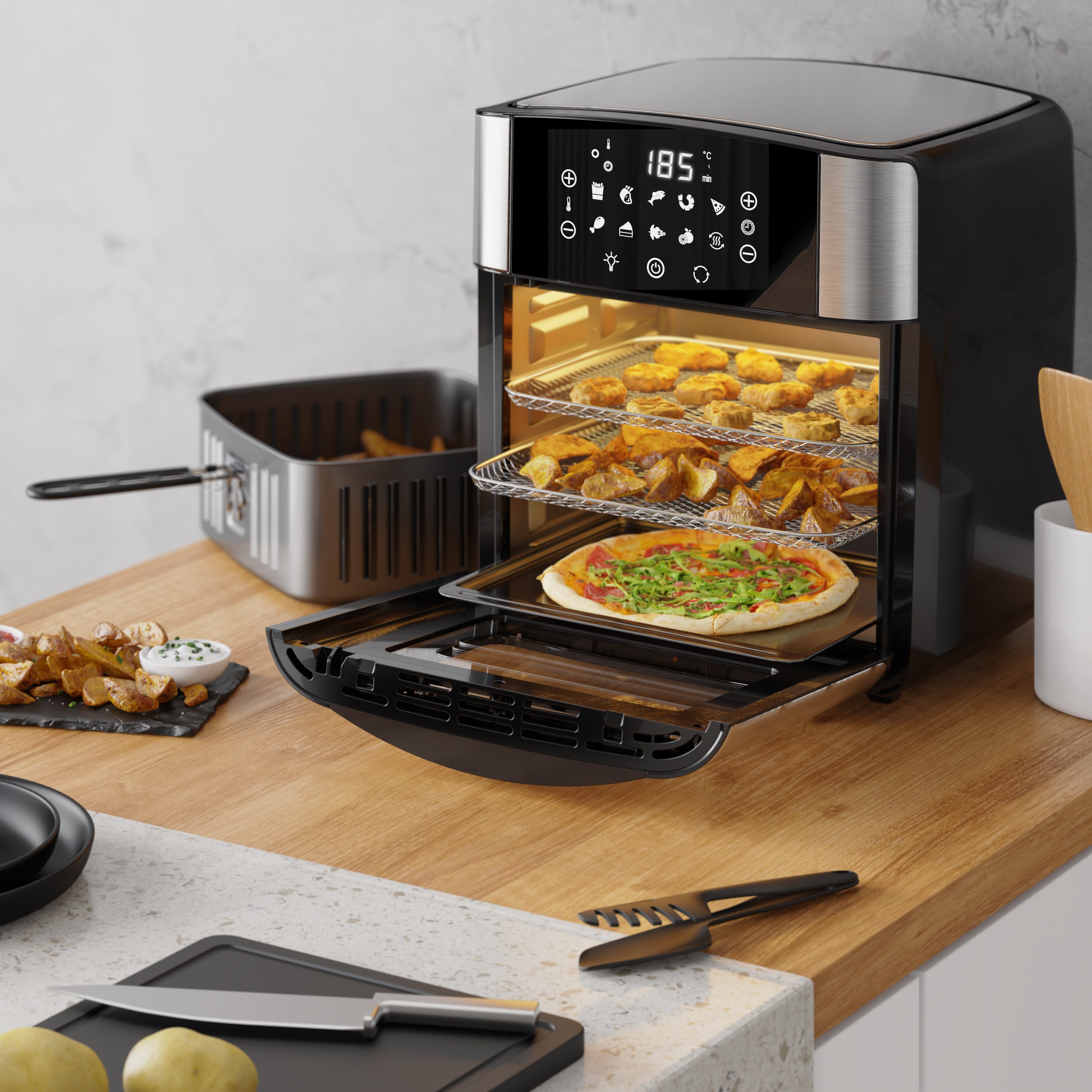 Arendo Heißluftfritteuse Multifunktionsofen 16L, Backofen Umluft, Grill, Dörrautomat, Air Fryer, 1800 W, XXL Fritteuse ohne Öl mit Zubehör für Pizza, Hähnchen, Pommes uvm.
