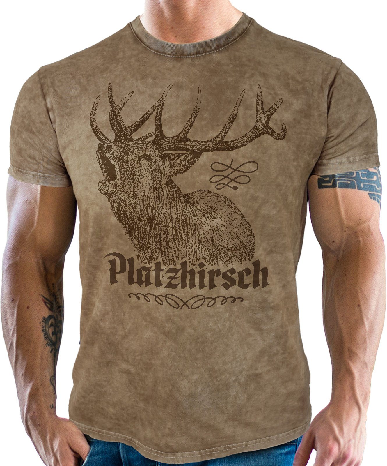 LOBO NEGRO® Trachtenshirt für echte Bayern Fans im washed vintage retro used Look: Platzhirsch