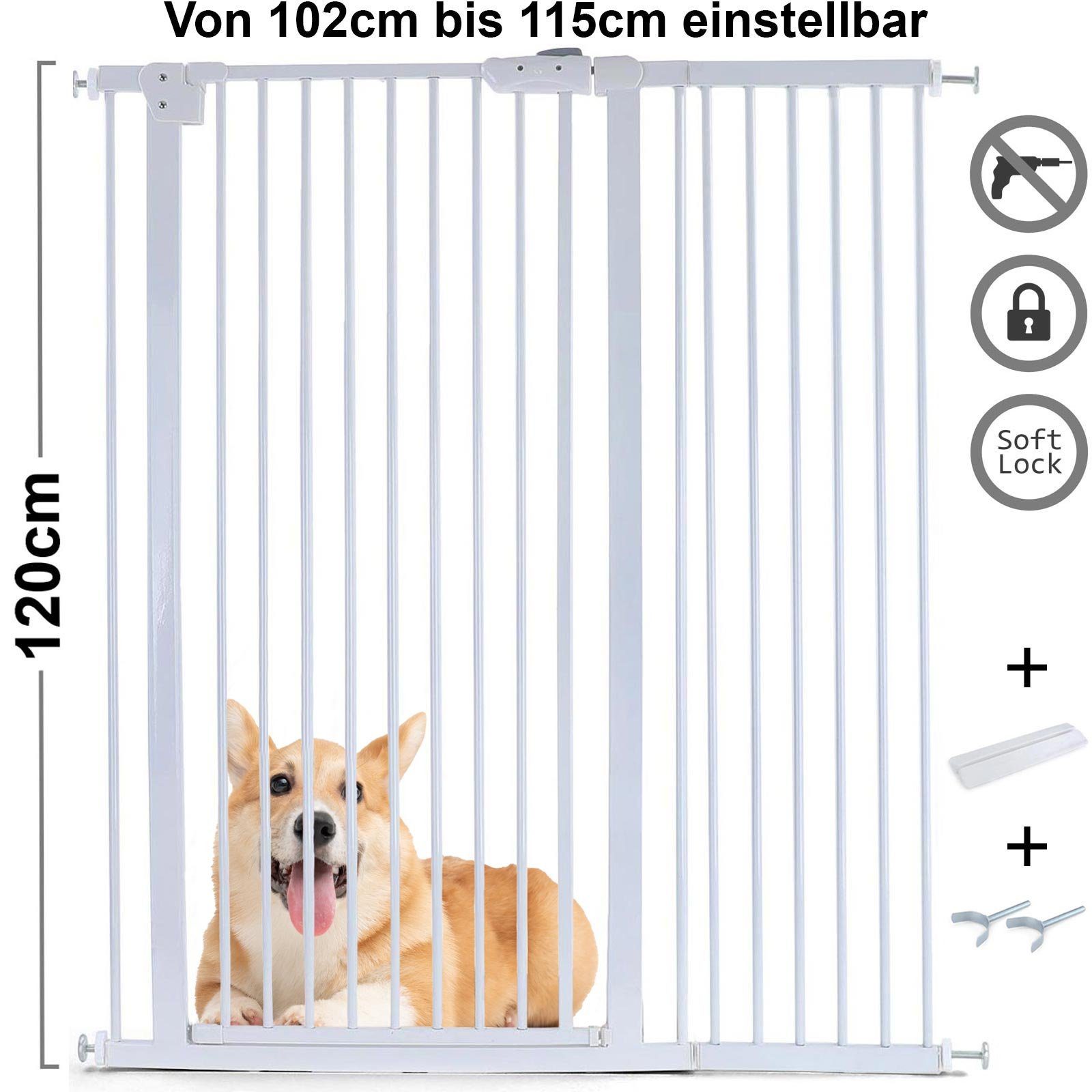 RAMROXX Treppenschutzgitter Absperrgitter Treppenschutz Metall + Rampe + Y Halter 102-115cm 120cm