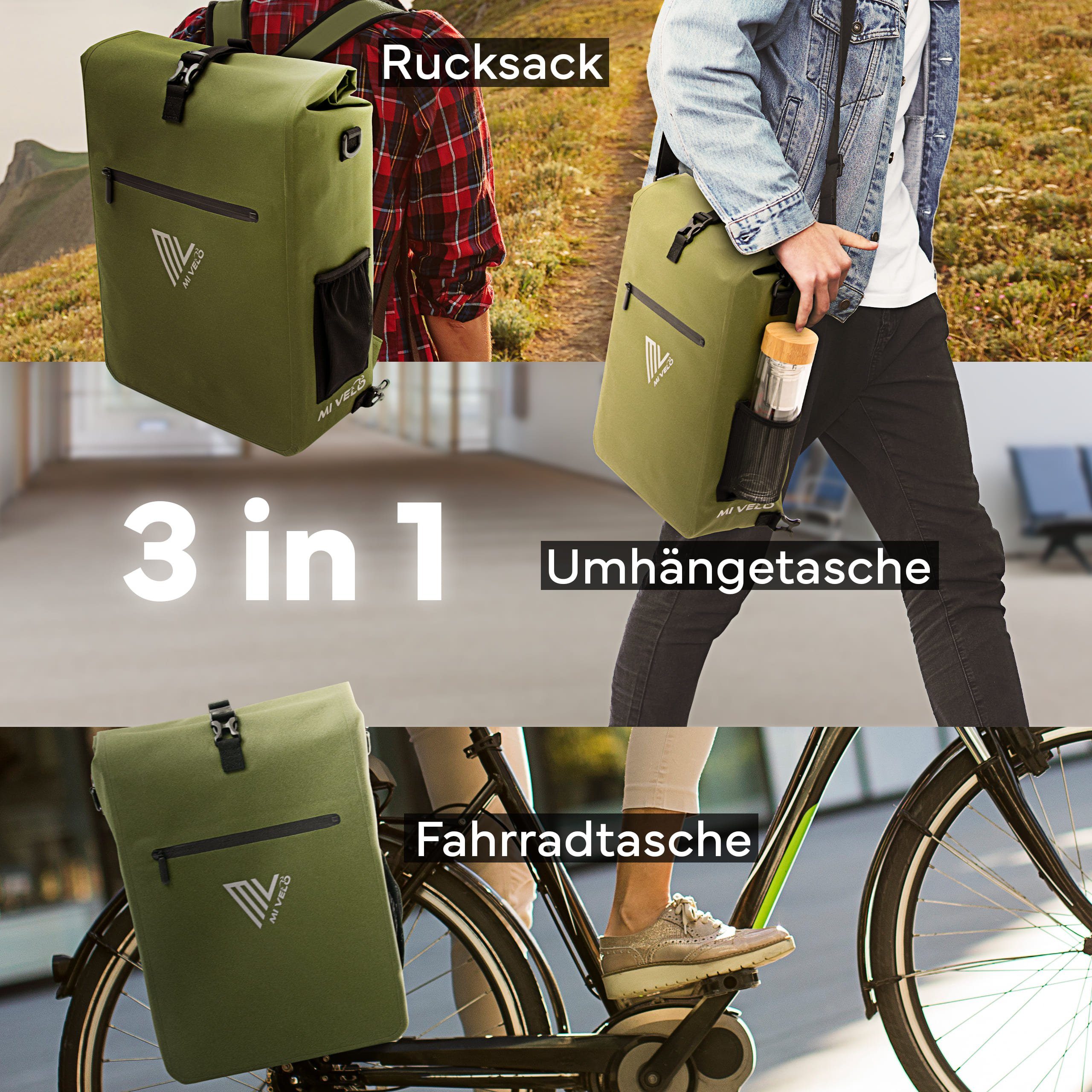 MIVELO Fahrradtasche 3in1 Gepäckträgertasche, Rucksack für Fahrrad Gepäckträger wasserdicht