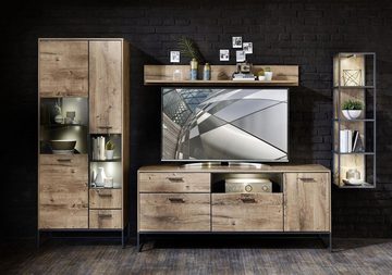 möbelando Sideboard Manhattan, Modernes Sideboard mit 1 Klappe, 1 Holztür, 2 Schubkästen, 1 höhenverstellbaren Einlegeboden und 1 Glasfach. Passende LED-Beleuchtung optional erhältlich. Korpus aus Spanplatte (außen: Haveleiche Cognac Nachbildung, innen: graphit), Front aus MDF in Haveleiche Cognac mit Klarglaseinsatz, Gestell aus Metall in Graphit, Griffe aus Aluminium in Anthrazitgrau gepulvert, Schubkästen mit Selbsteinzug und Softclose-Funktion, Türstopper mit Softclose, Hängebeschläge inklusive