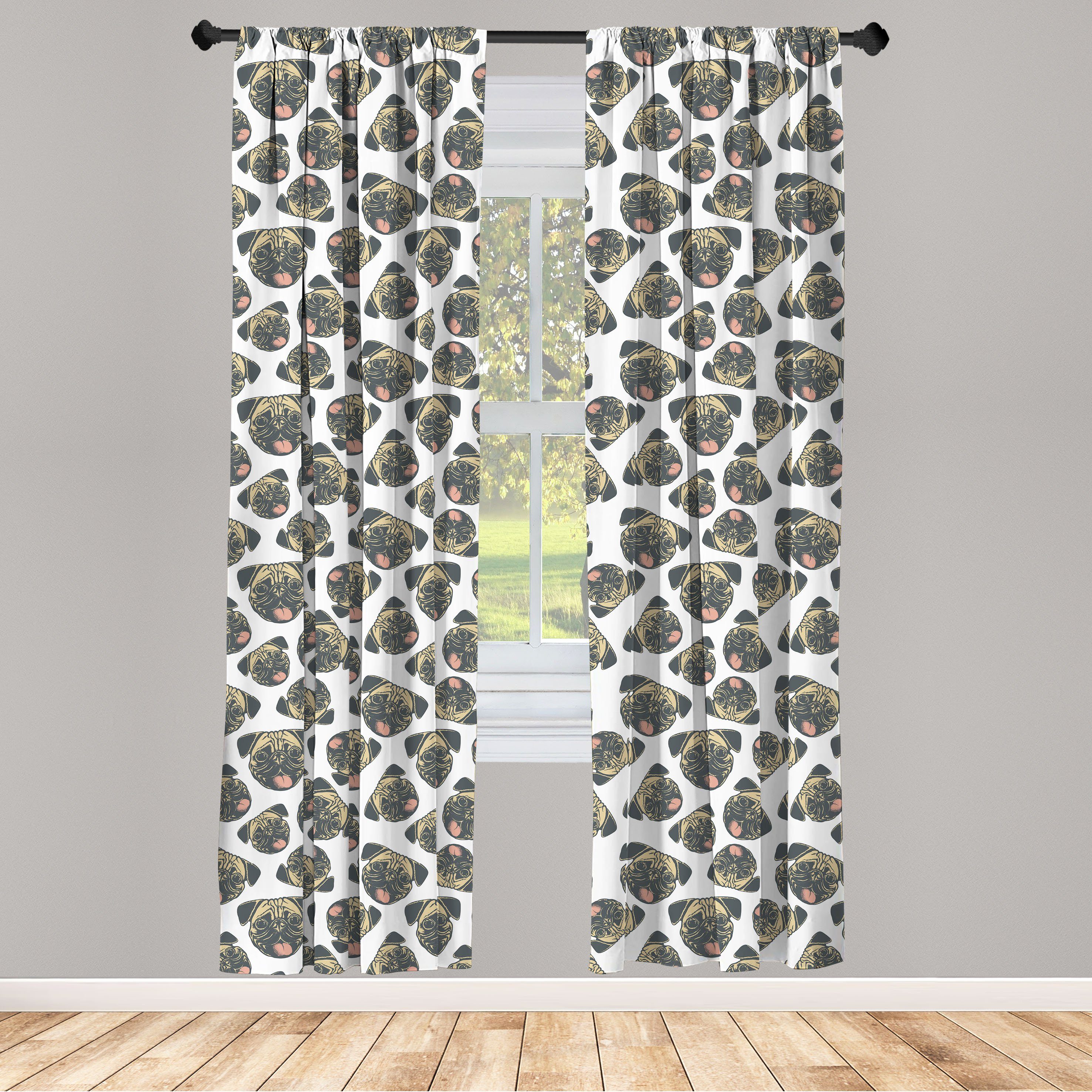 Gardine Vorhang für Wohnzimmer Schlafzimmer Dekor, Abakuhaus, Microfaser, Mops Heiter Hunde Grunge-Effekt