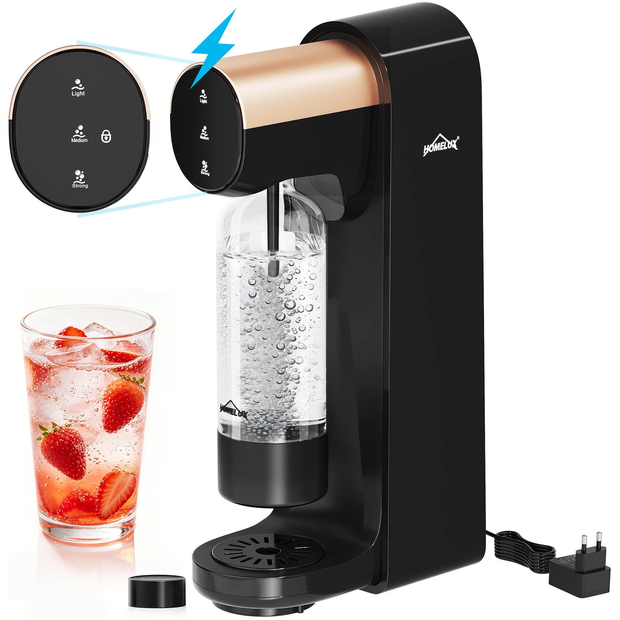 HOMELUX Wassersprudler Elektrisch Sprudelwasser Maschine Mit 1 PET-Flasche 3-Gang-Automatik, (set, 1 x Sprudelwasser Maschine,1 x PET-Flasche), 3-Gang schwach/mittel/stark,Touchscreen-Bedienung, Kindersicherung