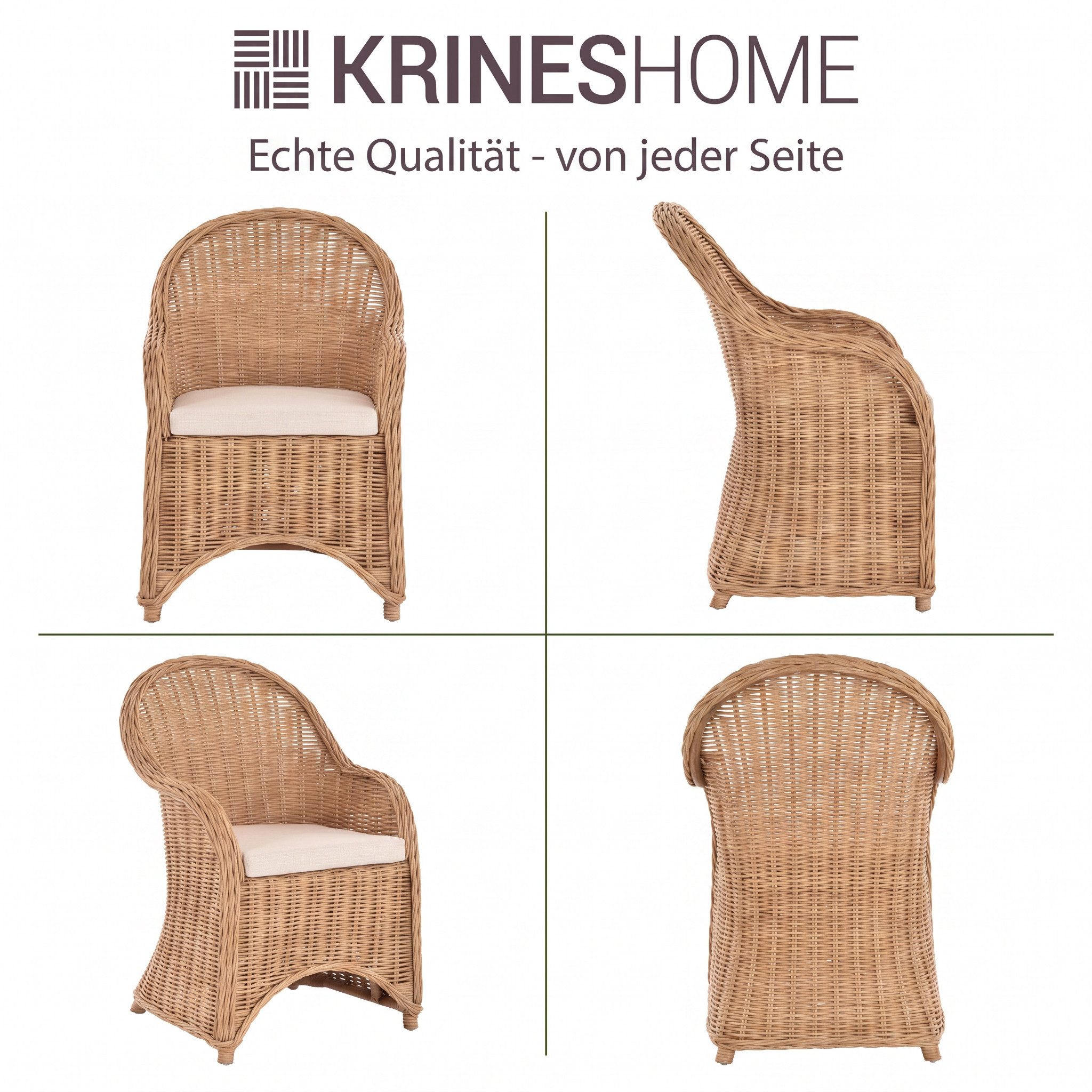Krines Home Esszimmersessel Rattansessel Esszimmerstuhl mit Armlehne Korbsessel Esszimmersessel, Flechtsessel mit Polster – Bild 3 von 5