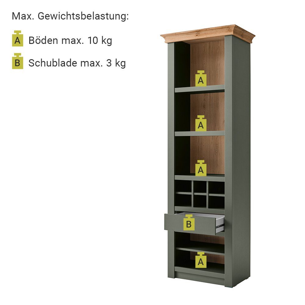 Eiche Wohnwand 416/207/45cm Sideboard mit mit CINCINNATI-61, Lomadox in Beleuchtung grün 7-tlg), Wotan (7-St., mit