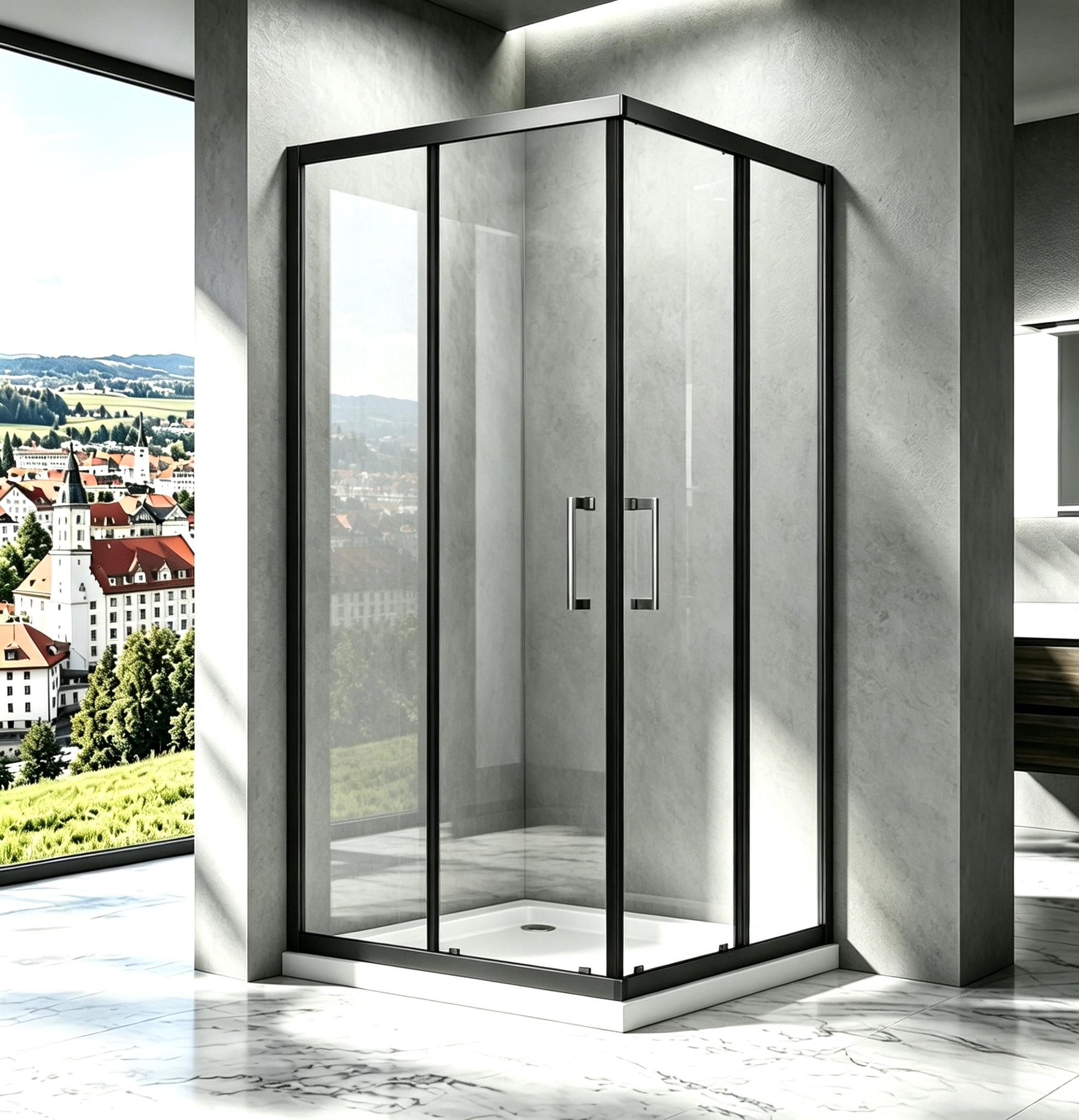 Boromal Eckdusche Schiebetür Glas Weiß Duschkabine Schwarz 90x90 75x90 90x75 80x80 H:185, BxT: 80x80 cm, 5mm Sicherheitsglas, 16 Türrollen, Easy Clean Funktion, Aluprofile, Alurahmen, Magnetdichtleisten, Rechts-und Links montierbar