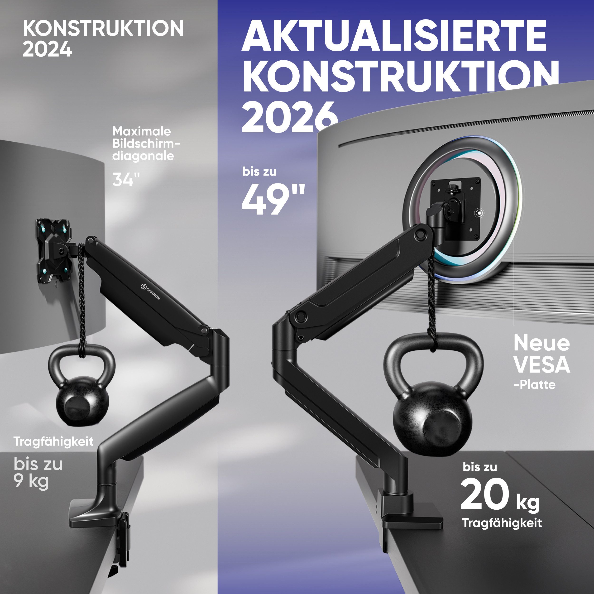 ONKRON Monitor-Halterung 17-49 Zoll, bis 20 kg, VESA 75x75-100x100, G100-B, (bis 49 Zoll, neigbar, schwenkbar, drehbar, Gasdruckfeder, Kabelmanagement)