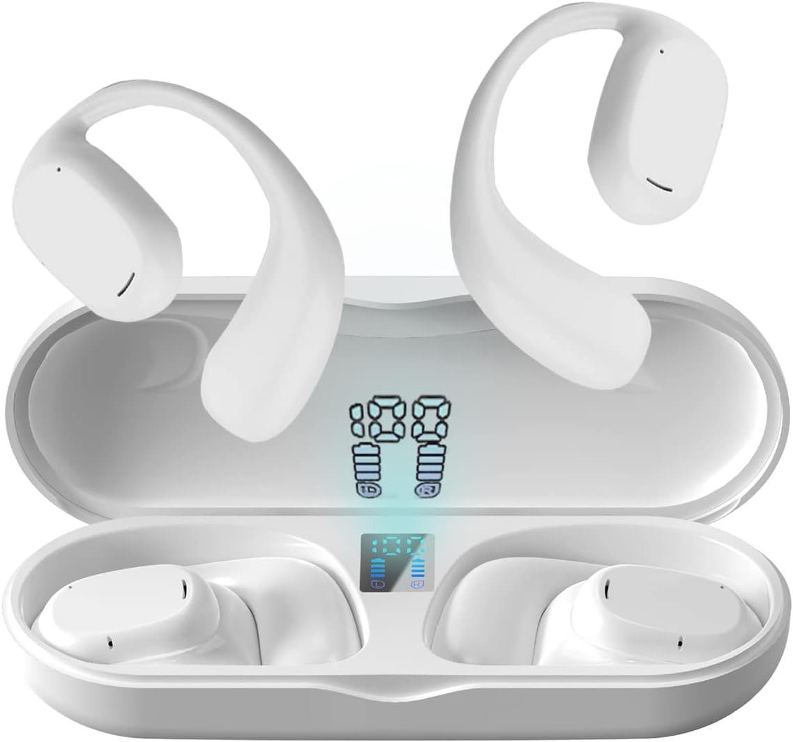 Xmenha Wasserdichte IPX5-Technologie und das verstärkte Design Open-Ear-Kopfhörer (Intelligenten digitalen LED-Anzeige am Ladekoffer können Sie den Akkustand der kabellosen Kopfhörer, Stabile Bluetooth 5.1-Verbindung klare Anrufe KI-Geräuschunterdrückung)