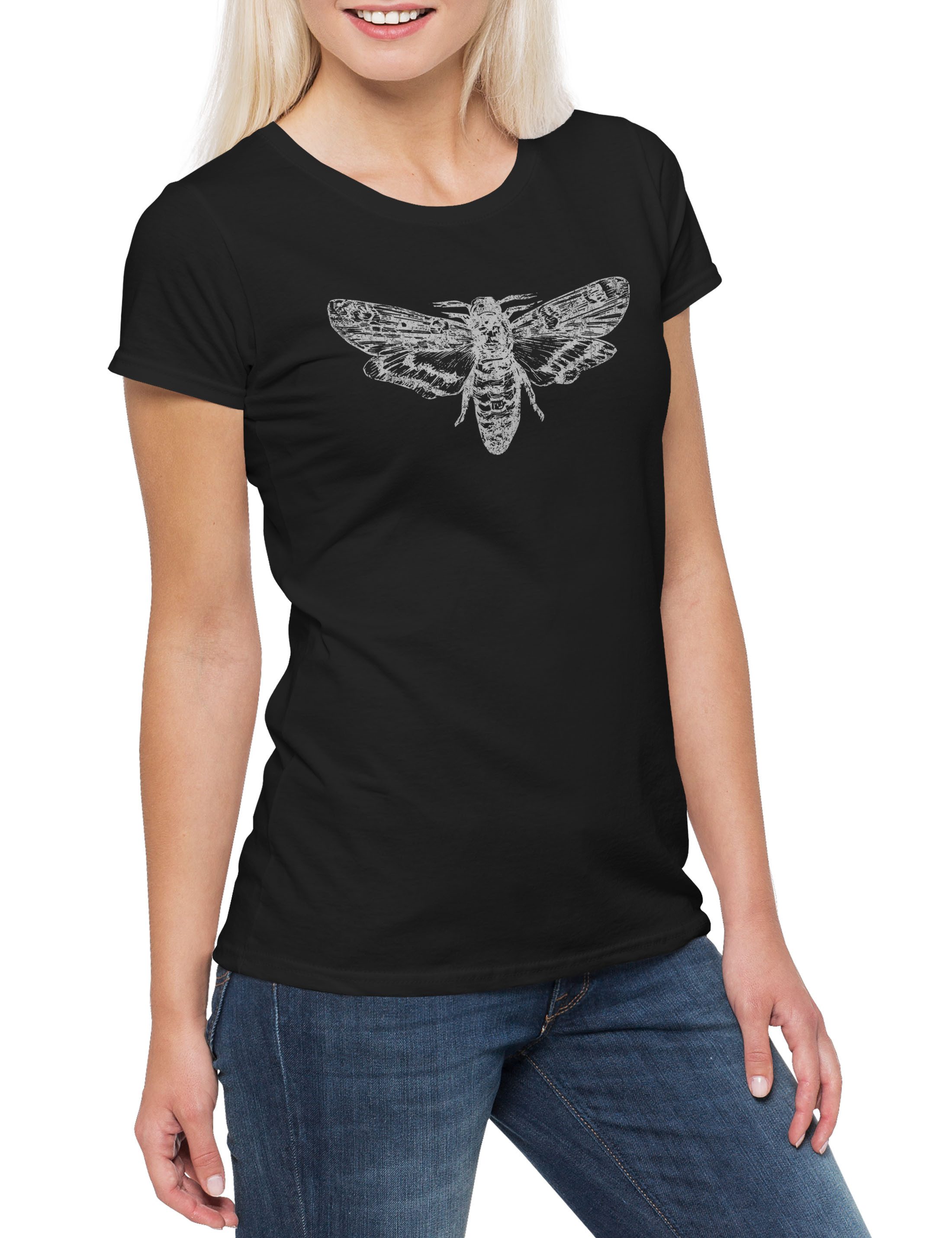 Print-Shirt Moth Damen T-Shirt Motte Death Skelett Skeleton Black White Mothman