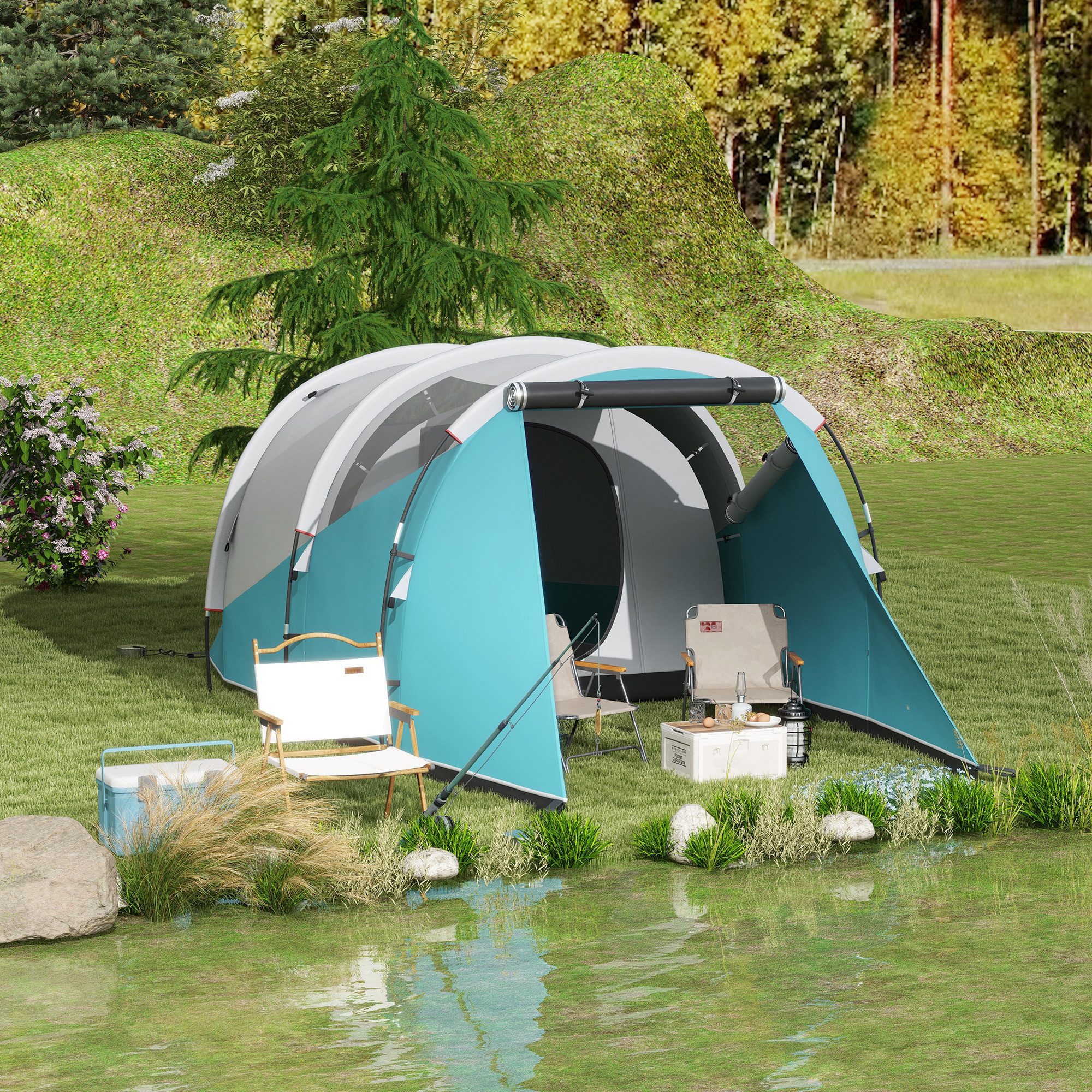 ibettertec Kuppelzelt Campingzelt für 3 Personen, separate Wohn- & Schlafräume, (460x260x190 cm, Blau, wasserdicht, mit Lampenhalter)
