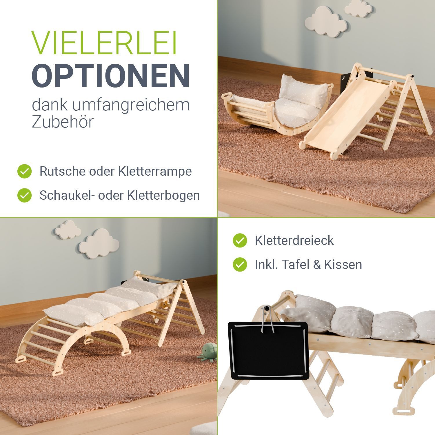 Juskys Klettergerüst Movario Klein, (4-St), Indoor Kletterdreieck, Kletterbogen mit Kissen, Rutsche, Tafel