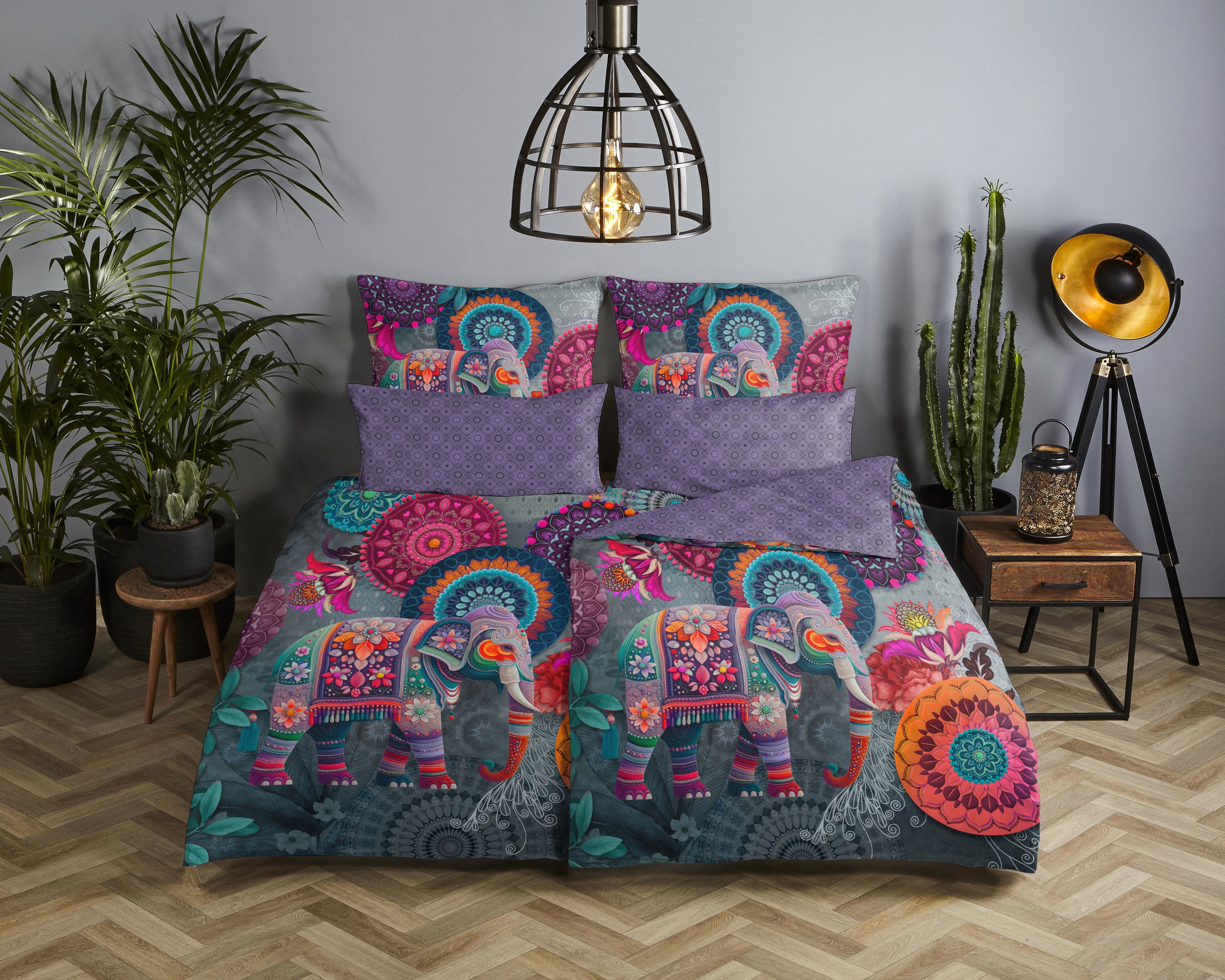hip Wendebettwäsche Abhay, Satin, 2 teilig, Satin, Reißverschluss, Wendeoptik, Mandala, Elefant, Violett