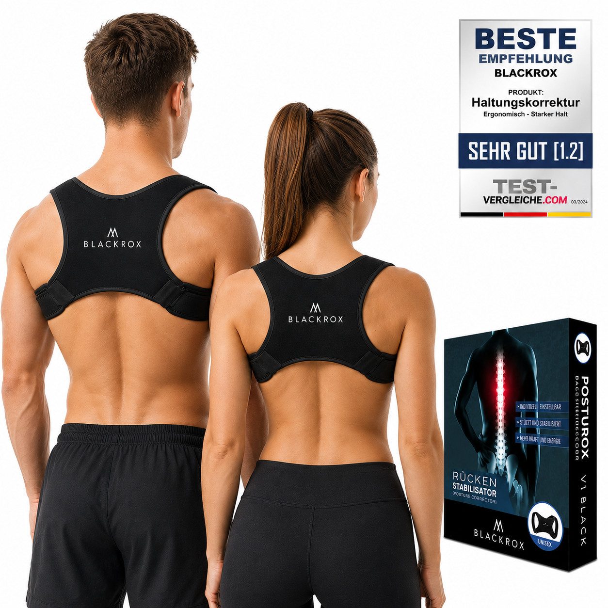 BLACKROX Rückenstabilisator [Vergleichssieger 2025] [Damen & Herren] [Haltungskorrektur] (Einzelprodukt, Einteilig), Schmerzlindernd, hautfreundlich, stabilisierend, ergonomisch