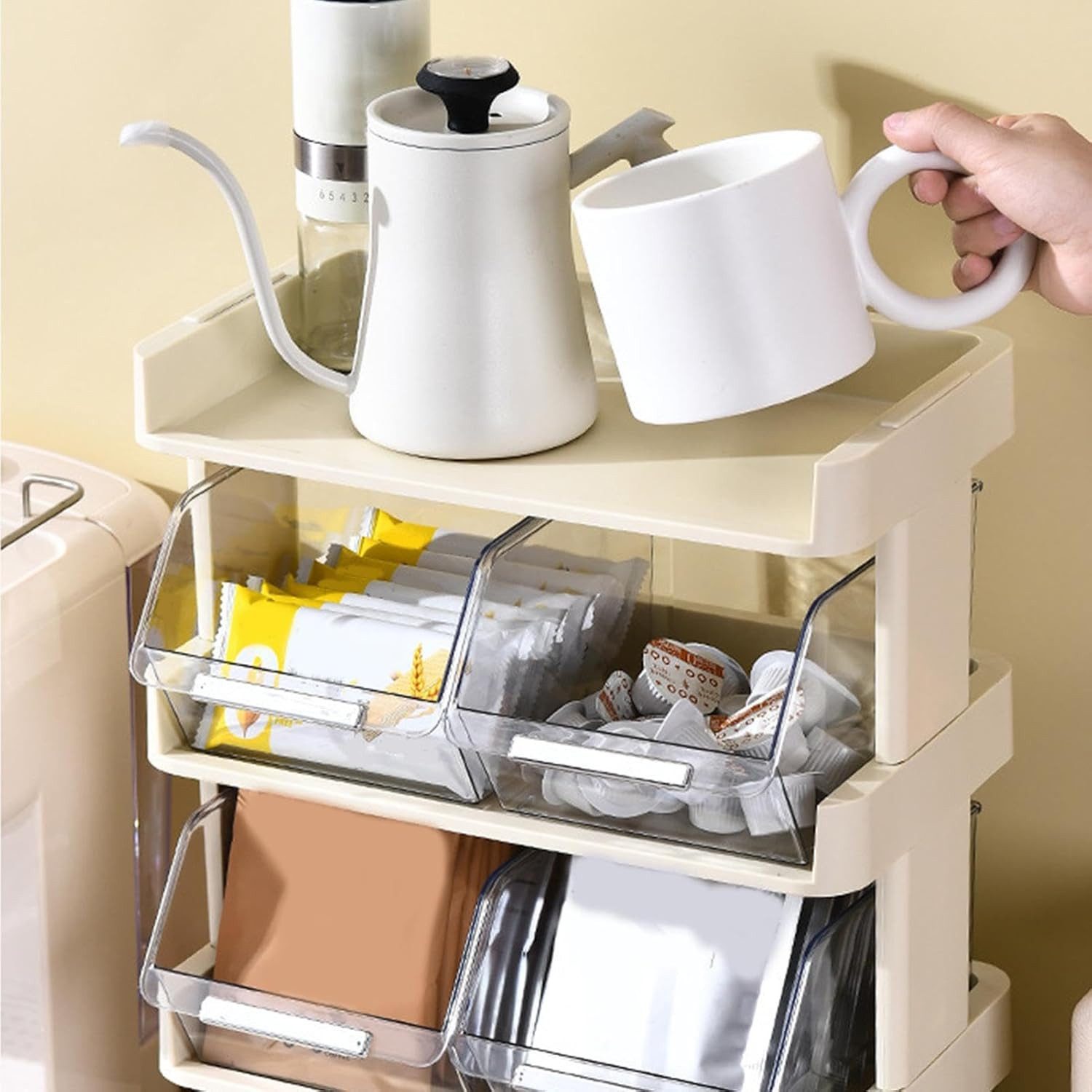 SURFOU Teebox 4-stöckiger Teebeutel-Organizer–Regal für Tee, Kaffee-Kapseln & Tassen, Kunststoff, (Mehrlagiger Theken-Organizer, Kaffeebar Tassenregal, Kaffeeregal, Kaffeebar-Zubehör, Kaffeetassenhalter, Platzsparendes Regal für Büro, Küche & Bar (42,5x 30x17cm), 1-tlg)