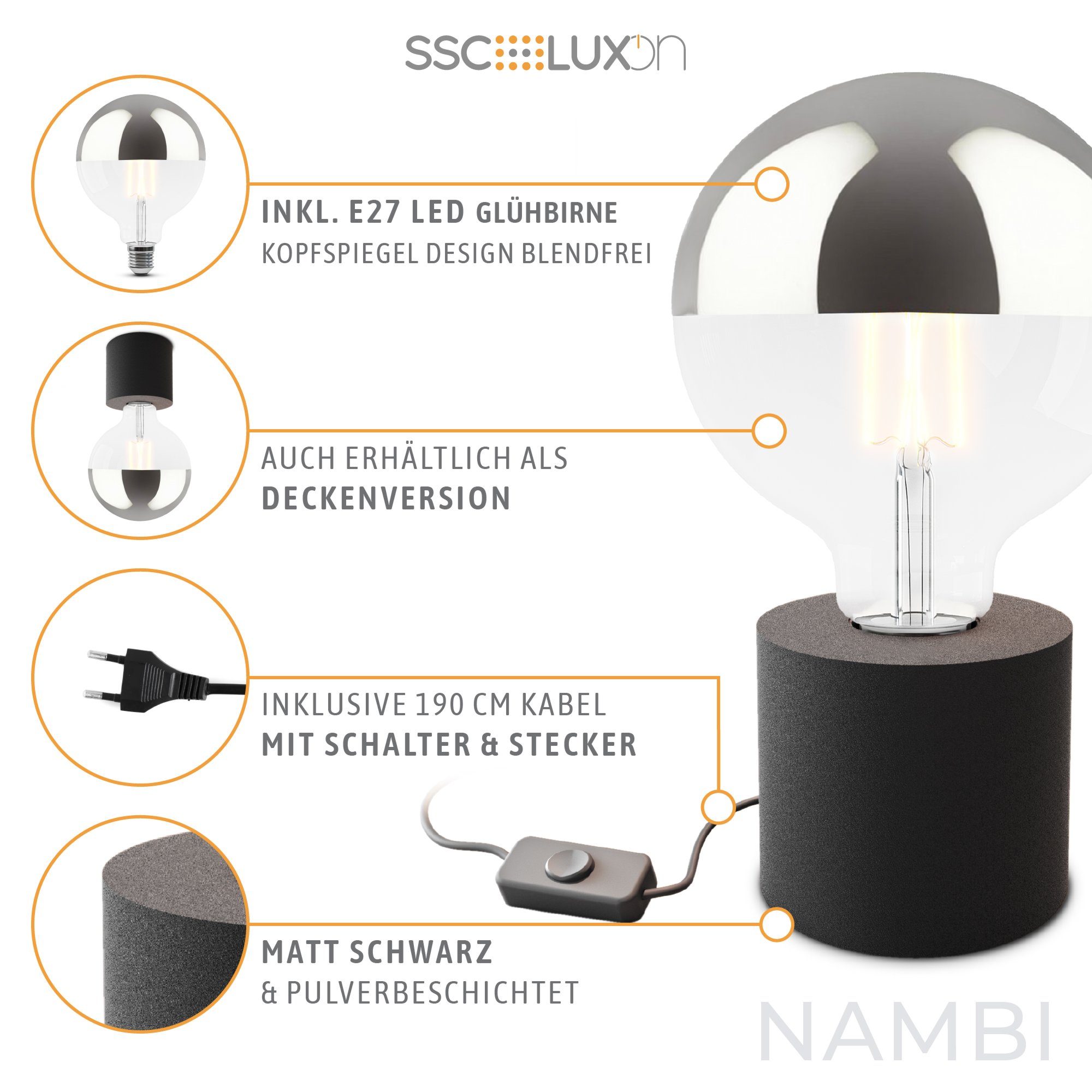 SSC-LUXon LED Spiegelleuchte NAMBI Tischlampe schwarz mit Kabel & Schalter mit LED Spiegelkopf, Warmweiß