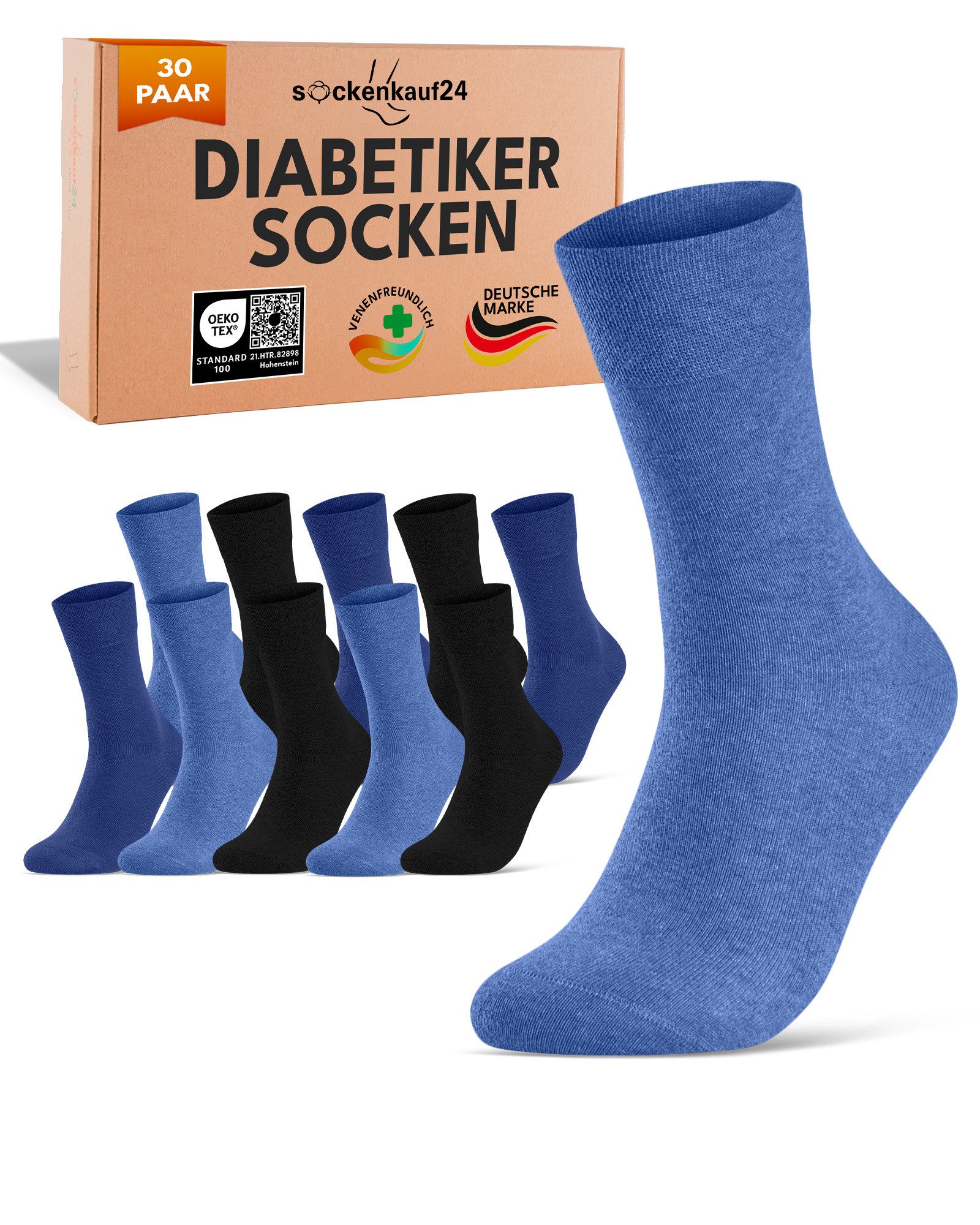 sockenkauf24 Diabetikersocken ohne Gummibund & ohne Naht aus Baumwolle (30-Paar) Diabetiker Socken mit Komfortbund ohne Gummi für Damen & Herren