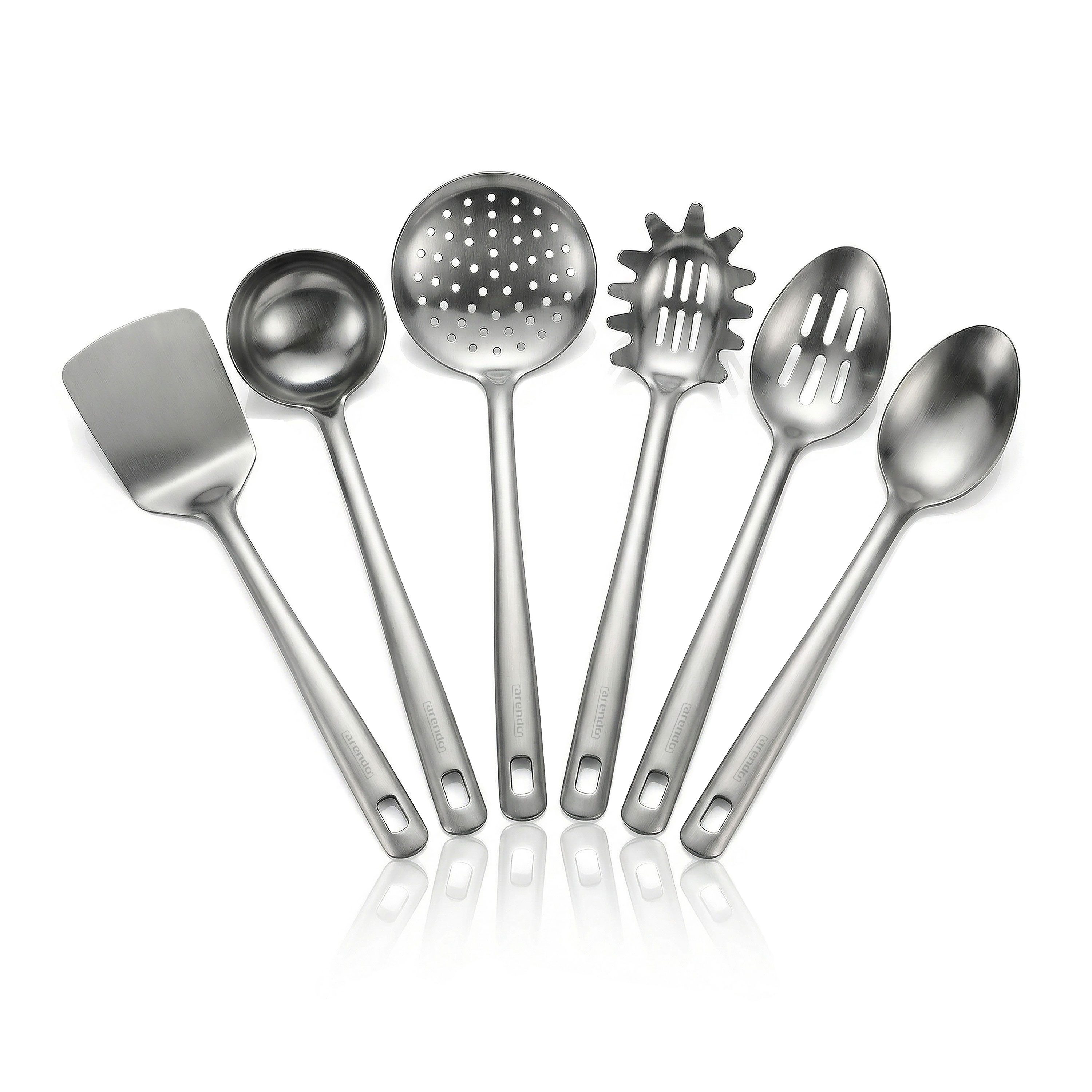 Arendo Kochbesteck-Set Küchenhelfer 6er Set, spülmaschinenfest, Edelstahl, hygienisch (Set, 6-tlg), hitzebeständig, rostfrei, nahtlos, spülmaschinengeeignet, Aufhängeöse