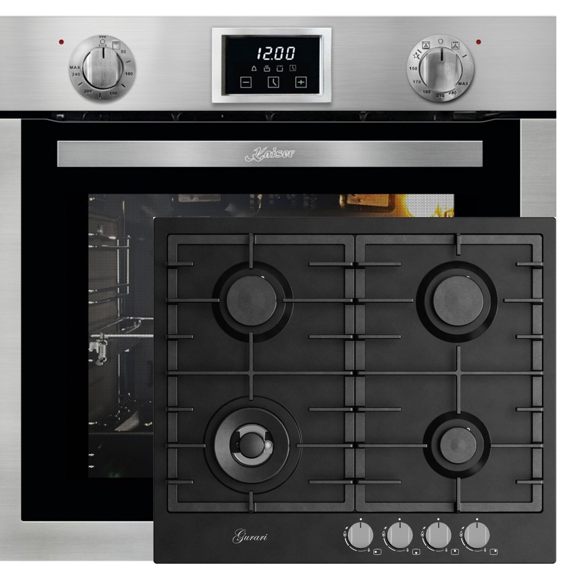 Kaiser Küchengeräte Backofen-Set Herd Set Autark Einbau Gasbackofen Autark, 79L, Grill, Drehspieß+Gaskochfeld 60 cm, Schwarz 4,0 KW WOK, 4 Gasbrenner,Autark EG 6372+GCH FB 604 BL, mit 1-fach-Teleskopauszug