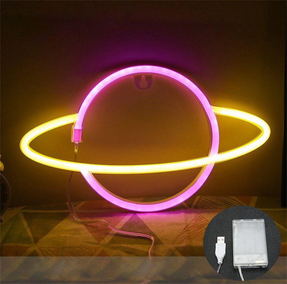 Oneid LED Stripe Planet Neonlicht und Sockel LED Tischlampe Nachtlicht USB/Batterie A02