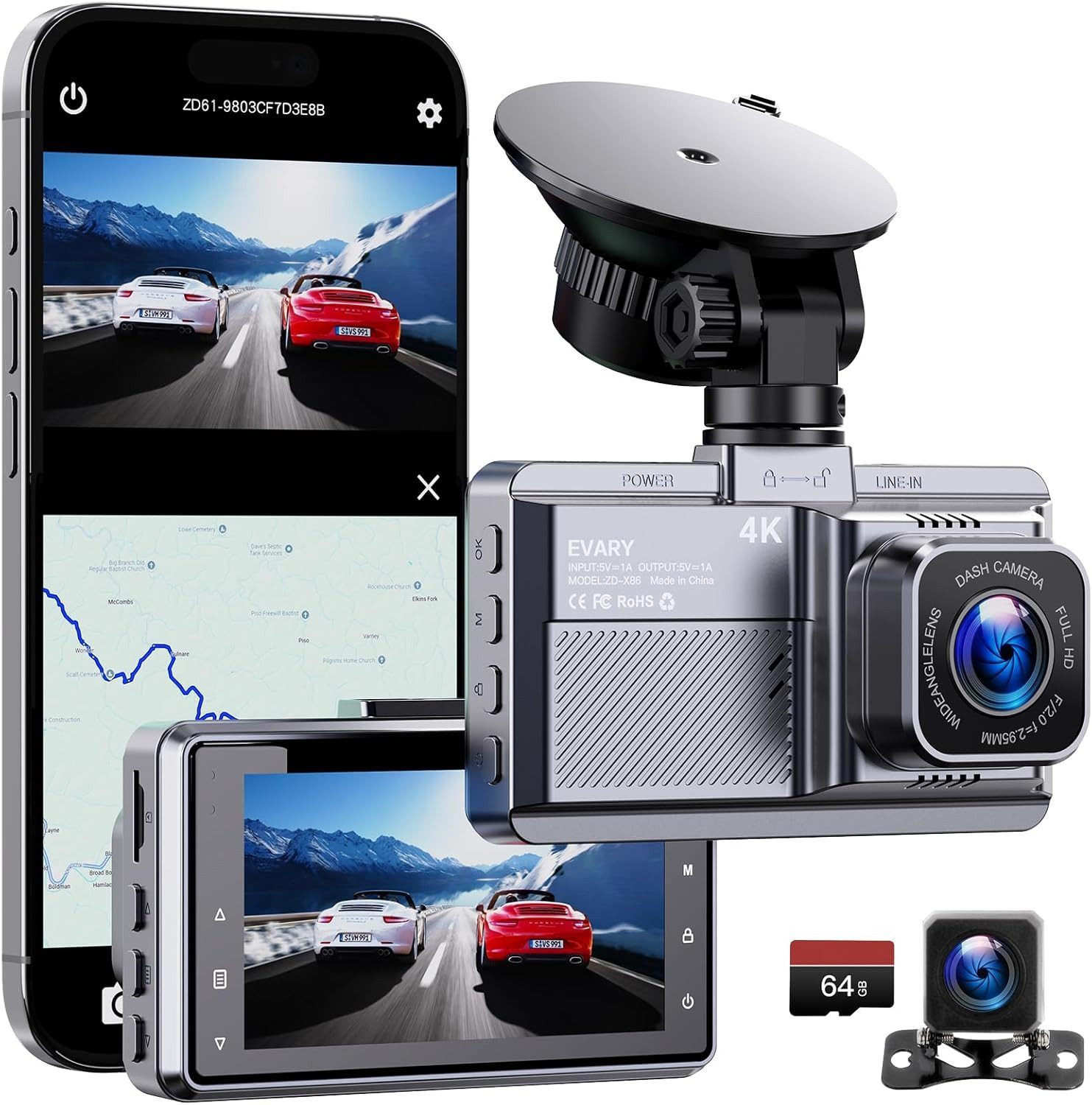 Evary Auto 4K vorne hinten mit GPS WLAN Rückfahrkamera App Dashcam (4K UHD, Wi-Fi 5 GHz, 1x Dashcam vorne, 1x Dashcam hinten, 64 GB SD-Karte inklusive, G-Sensor, GPS-Tracking, Wi-Fi 5 GHz, Front- und Heckkamera)
