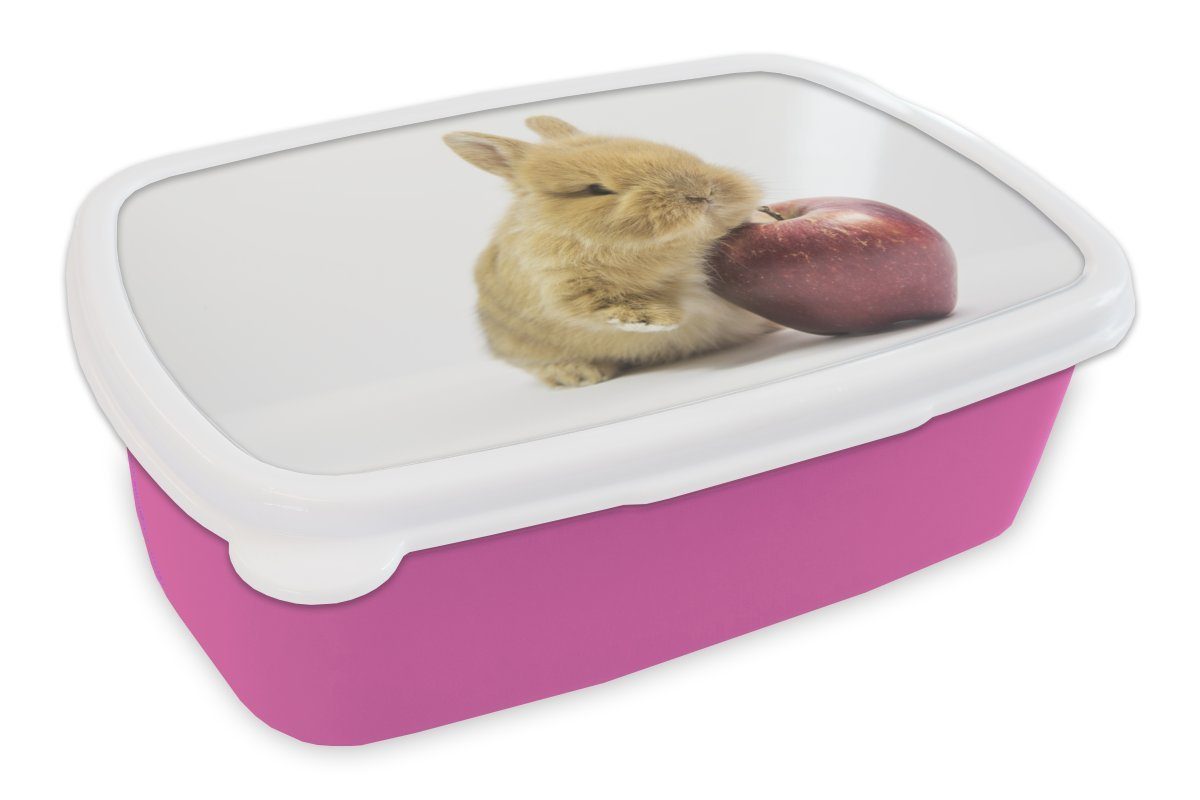 MuchoWow Lunchbox Kaninchen - Baby - Apfel, Kunststoff, (2-tlg), Brotbox für Erwachsene, Brotdose Kinder, Snackbox, Mädchen, Kunststoff rosa