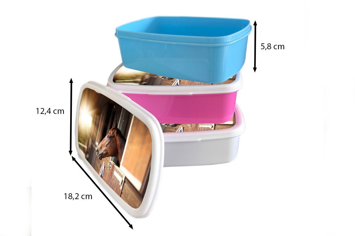 MuchoWow Lunchbox Pferd - Stall rosa Brotbox Kinder, Kunststoff, - Snackbox, Brotdose (2-tlg), Mädchen, für Kunststoff Erwachsene, Sonne