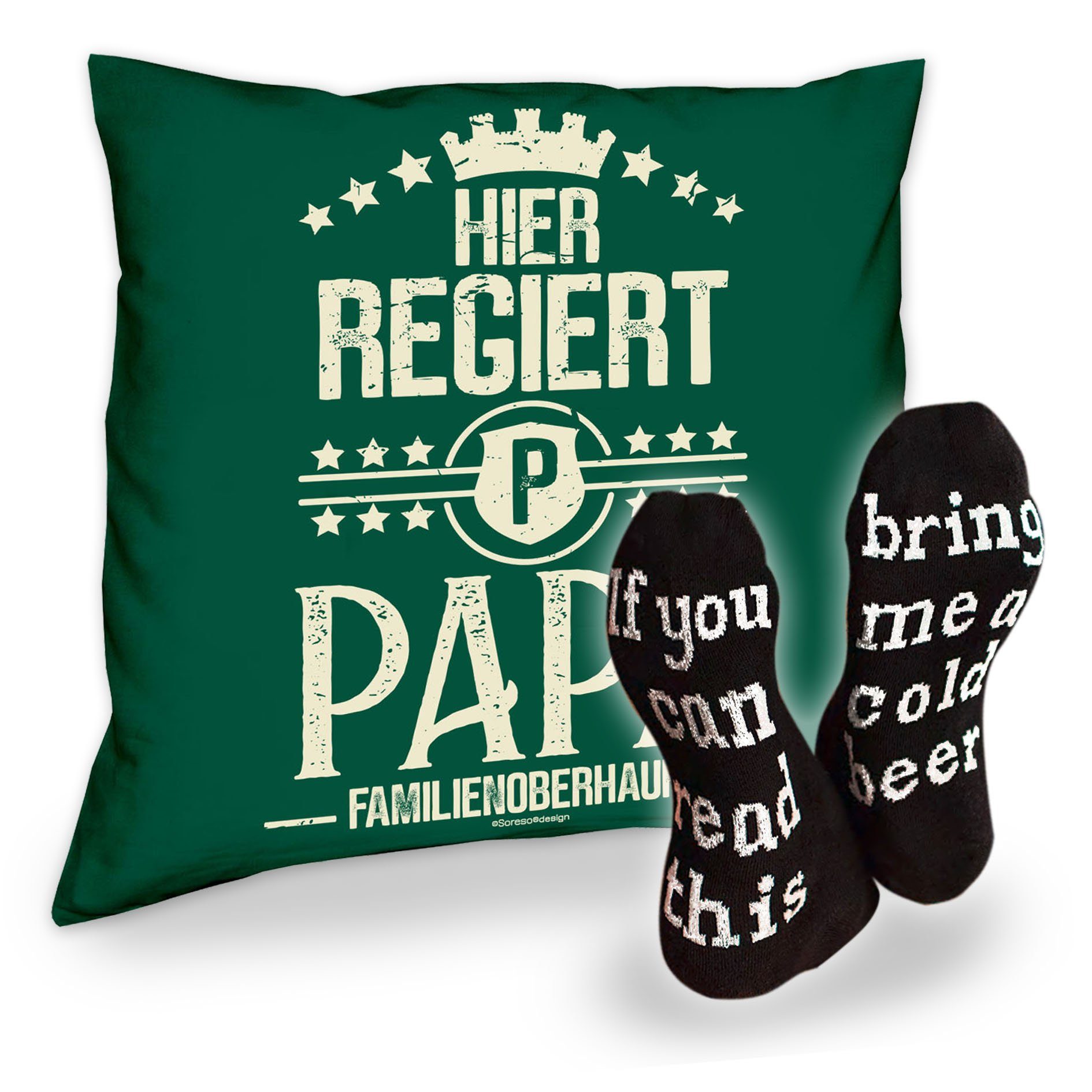 Soreso® Dekokissen Kissen dunkelgrün Geschenk Socken Vatertag und Spruch, Geburstag regiert Papa Weihnachten mit Bier Hier