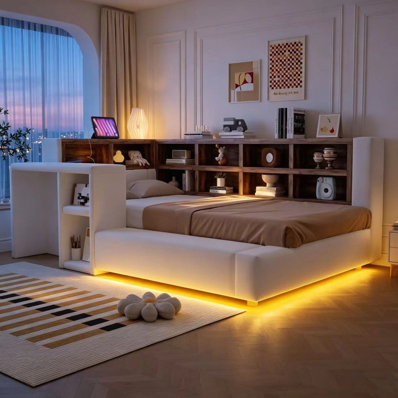 OKWISH Polsterbett Schlafsofa (Funktionsbett mit LED-Beleuchtung – 90 x 200 cm, mit gepolstertem Kopfteil, integrierten Steckdosen, Beistelltisch und mehrstufigen Ablagefächern, Daybett Tagesbett), ohne Matratze