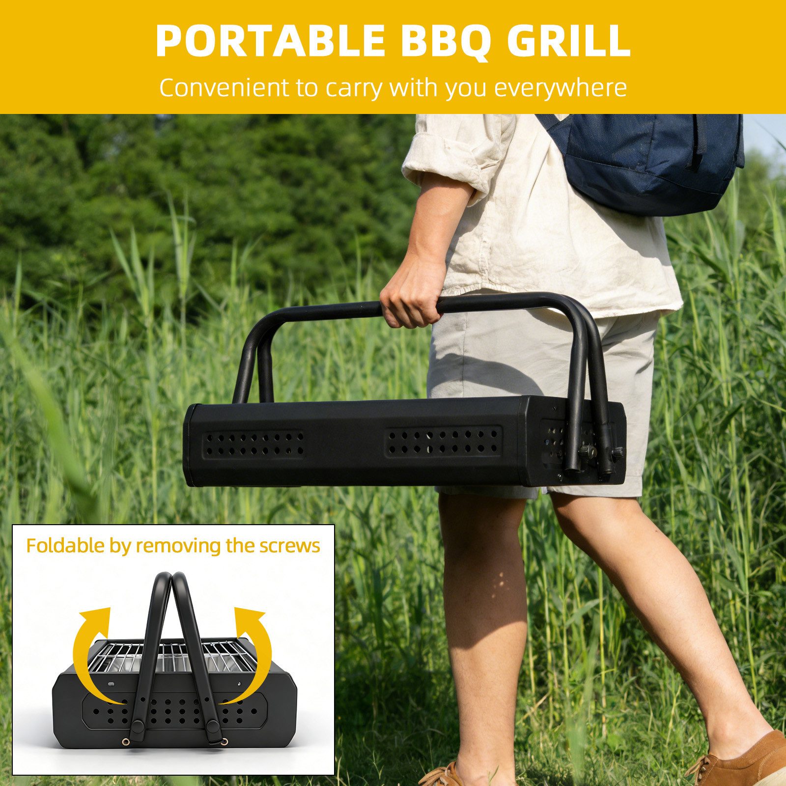 SunJas Holzkohlegrill K-CA27 Klappgrill Tischgrill Grillfläche: 44cm*30.5cm, Campinggrill Picknickgrill Kleiner Grill, Standgrill BBQ Grill für Garten, Terrasse & Camping