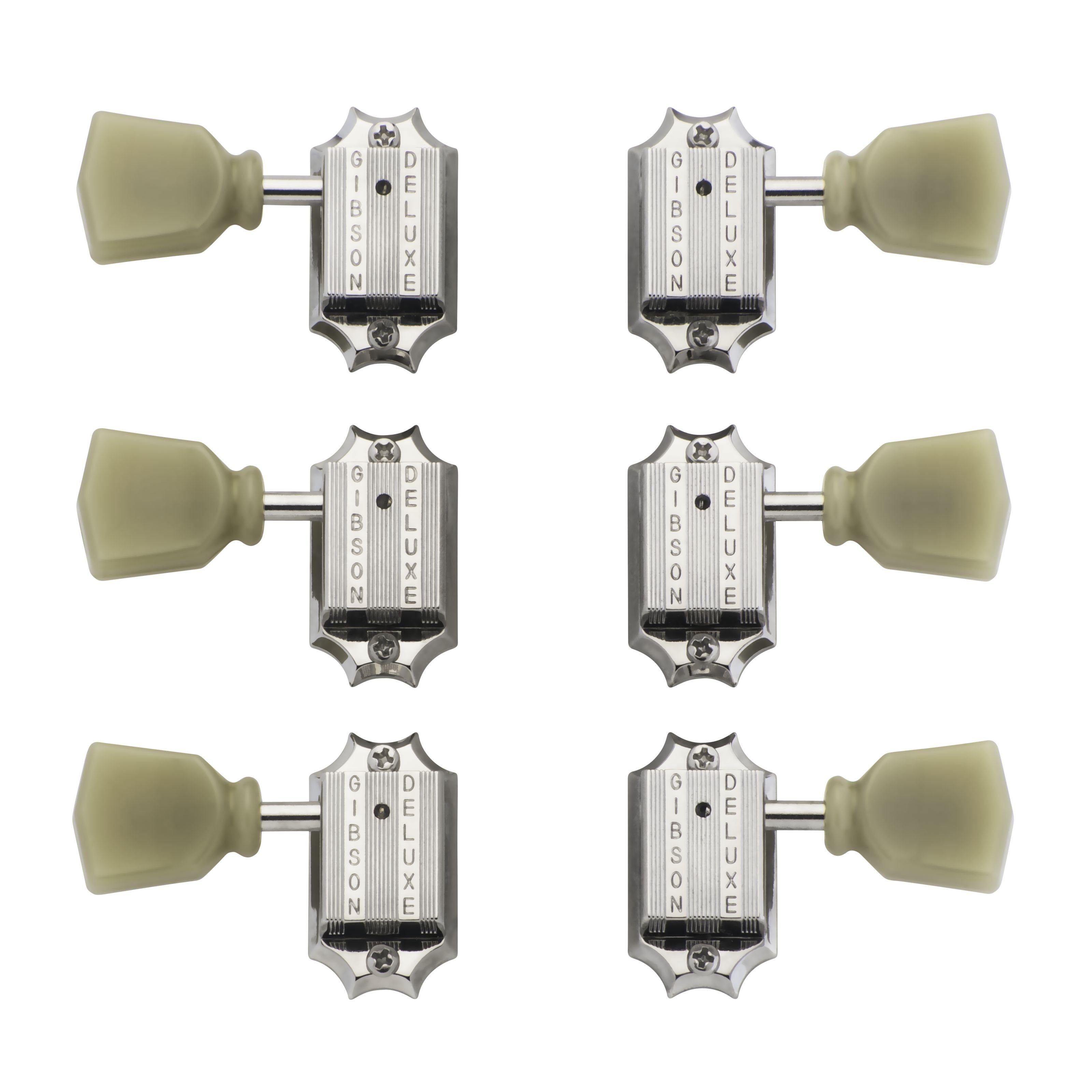 Gibson Gitarrenmechanik-Set, (PMMH-010 Kluson Mechaniken Nickel 10mm, ersatzteile für Gitarren, Mechaniken), PMMH-010 Deluxe Green Key Tuner Set Nickel - Gitarren Mechanik