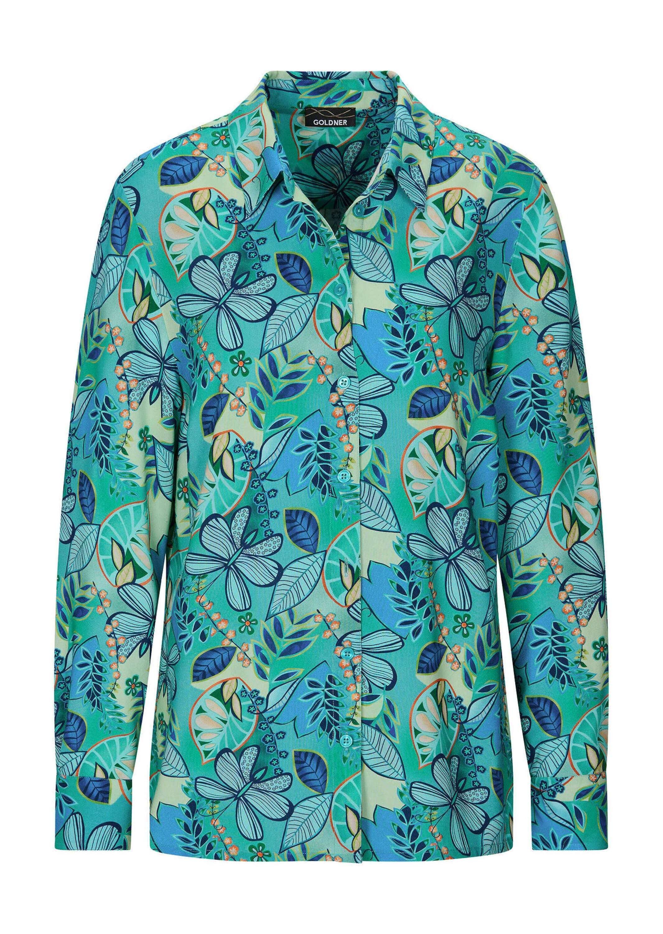 GOLDNER Kurzarmbluse Kurzgröße: Blusenshirt mit floralem Print Viskosebluse mit Hemdkragen, Knopfleiste und Langarm