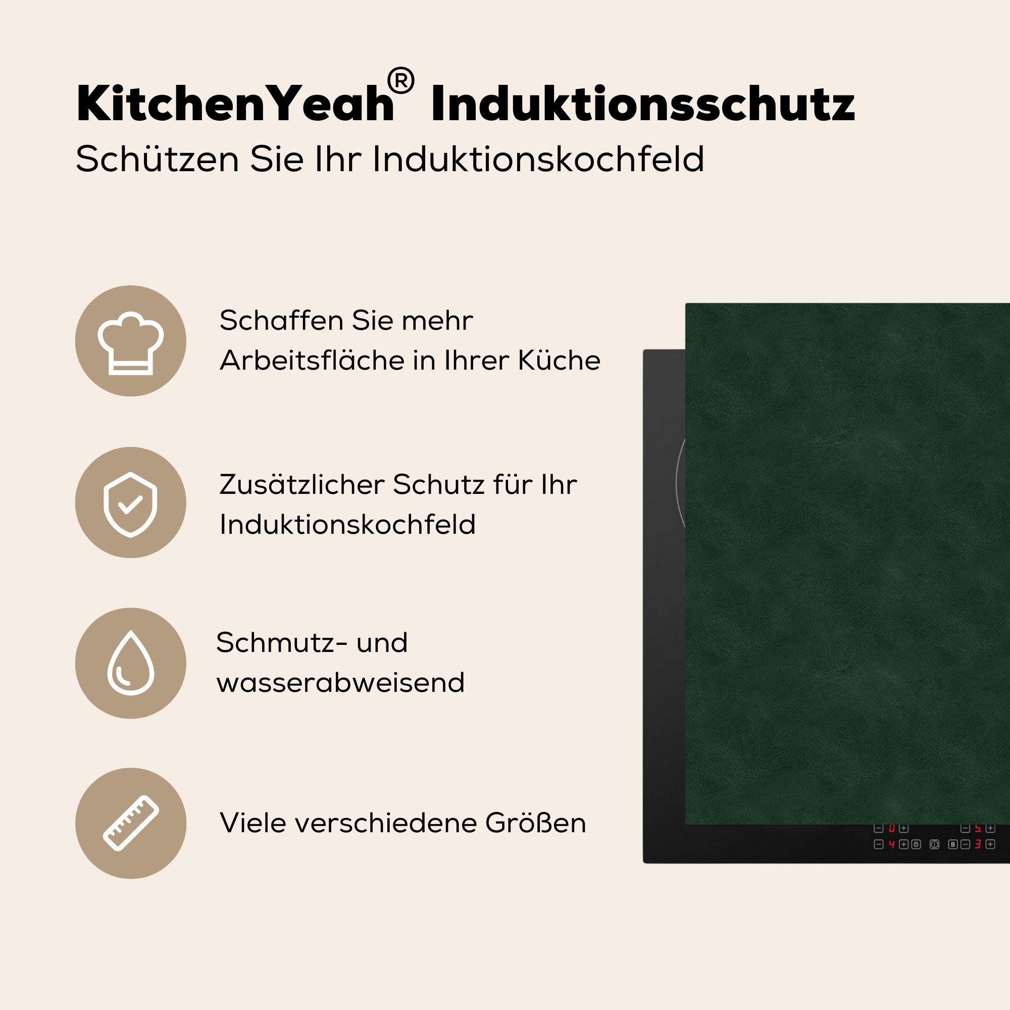 für küche Tierfell, Vinyl, Arbeitsplatte Ceranfeldabdeckung, cm, Herdblende-/Abdeckplatte (1 tlg), - Grün - Leder MuchoWow Induktionsschutz - 78x78