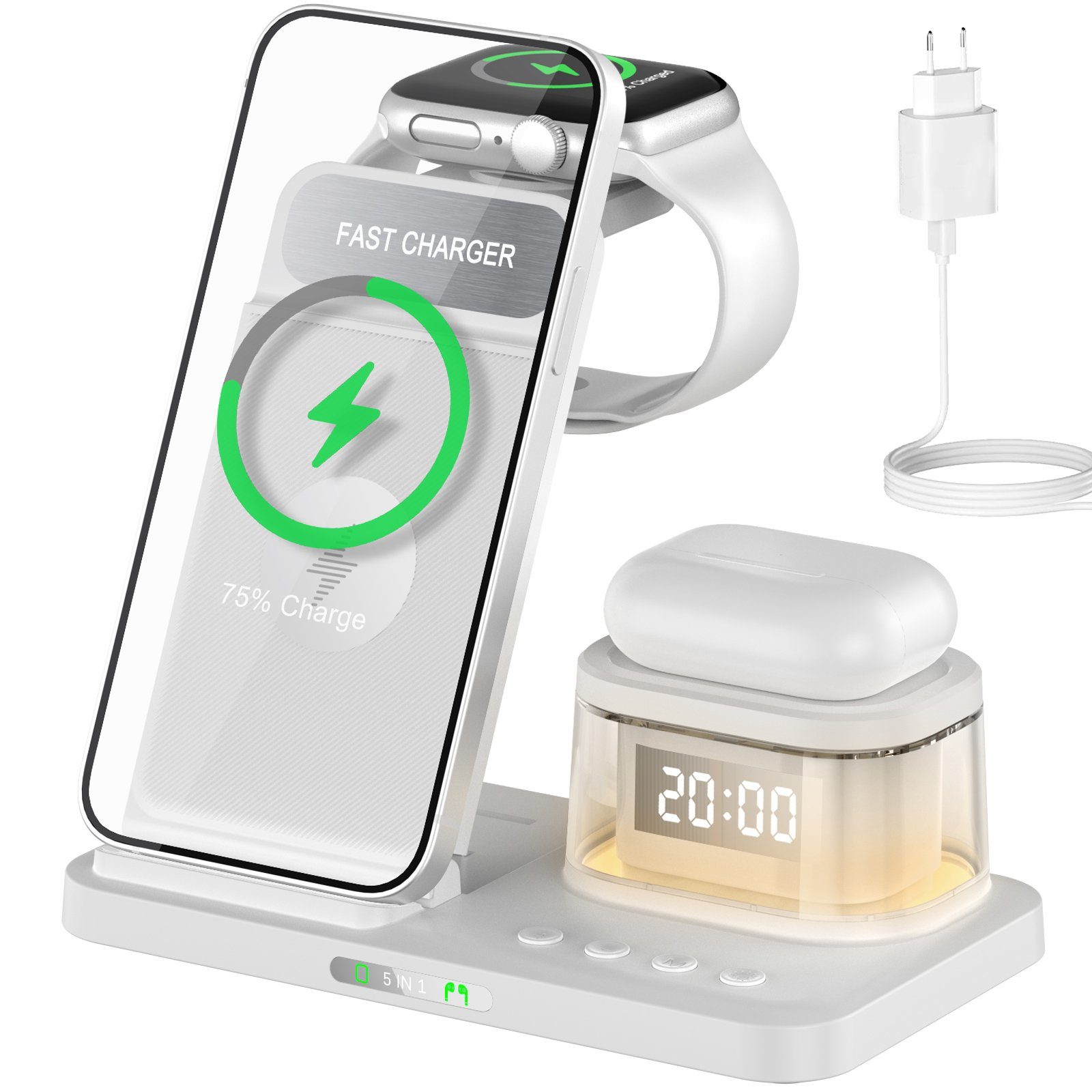 JOEAIS Kabelloses Ladestation 5 in 1 Induktive Ladegerät Kabelloses Ladegerät Wireless Charger (mit USB Kabel, Ultra Handy Charging Station)