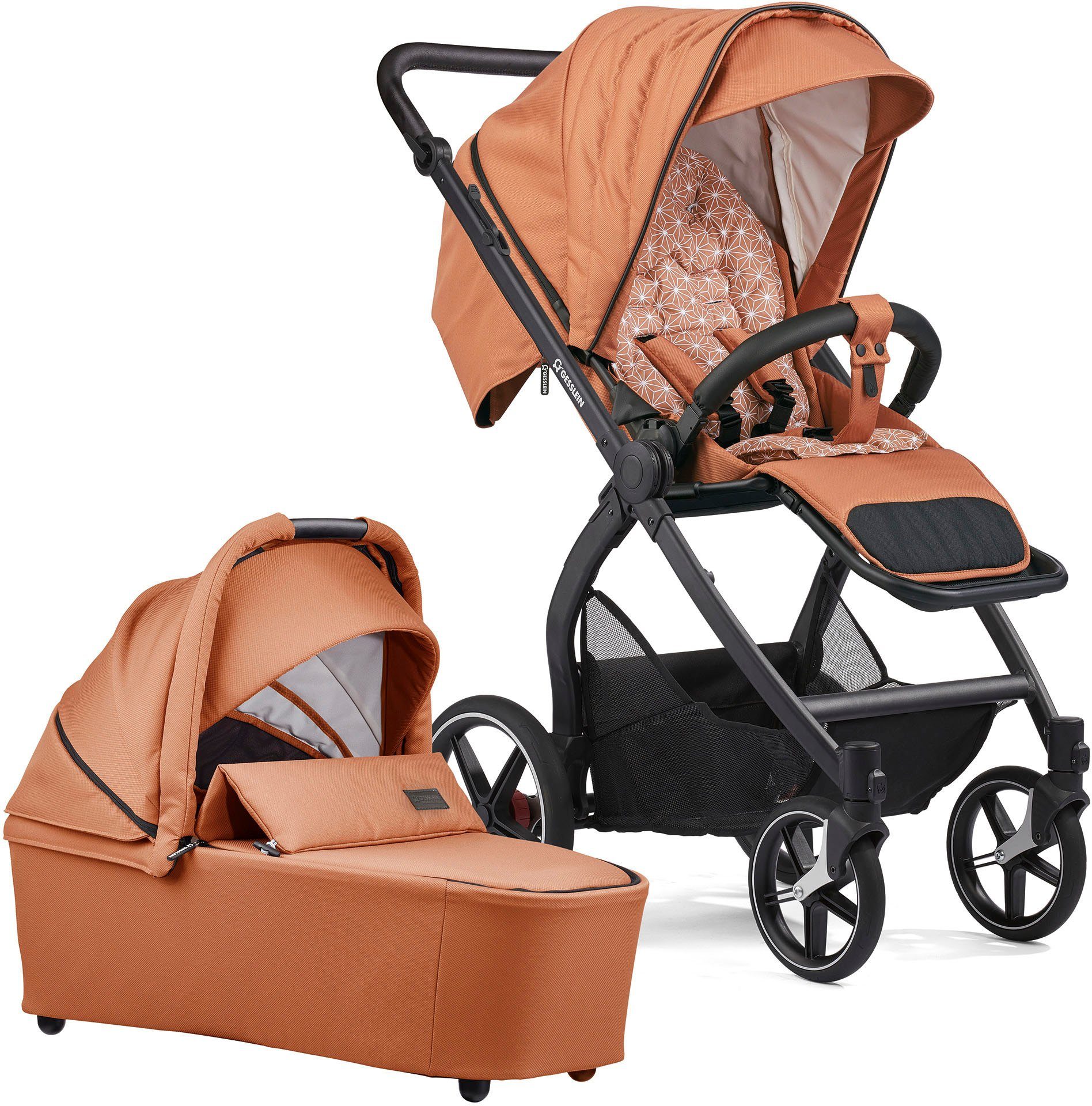 schwarz, Gesslein Soft+ Kombi-Kinderwagen FX4 Swing Babyschalenadapter und mit mango, C3 mit Aufsatz Babywanne