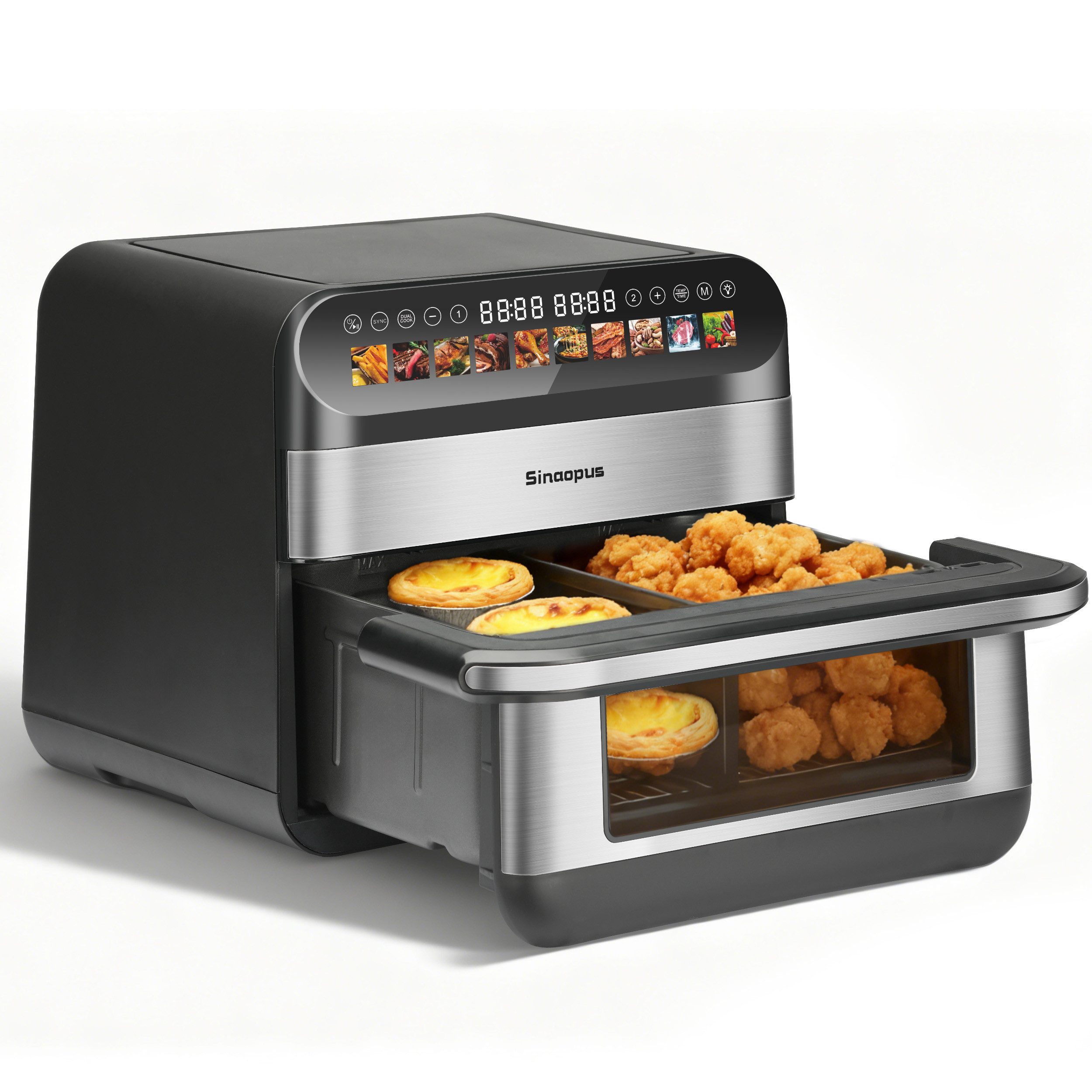 Leawin Heißluftfritteuse Heissluftfritteuse 10 Liter Dual Zonen, Doppel Kammer, Dual Basket, 2400 W, mit Automatische Wende-Erinnerung, 10-in-1 Fritteuse für Familien