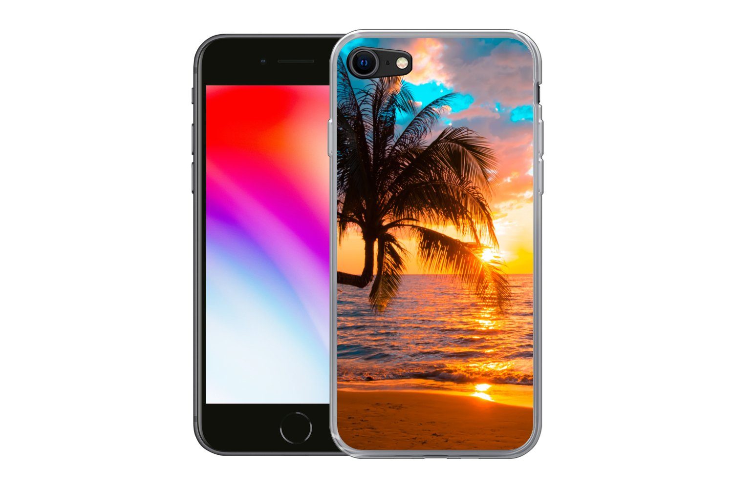 MuchoWow Handyhülle für Apple iPhone 8 Palme - Sonnenuntergang - Horizont - Strand - Meer, Smartphone-Bumper, Print, Handy Schutzhülle Dünn